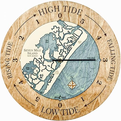 Sea Soul Seven Mile Island - Reloj de marea de 16 pulgadas diseño de mapa de madera 3D de Avalon y Stone Harbor regalo de pescador regalos de