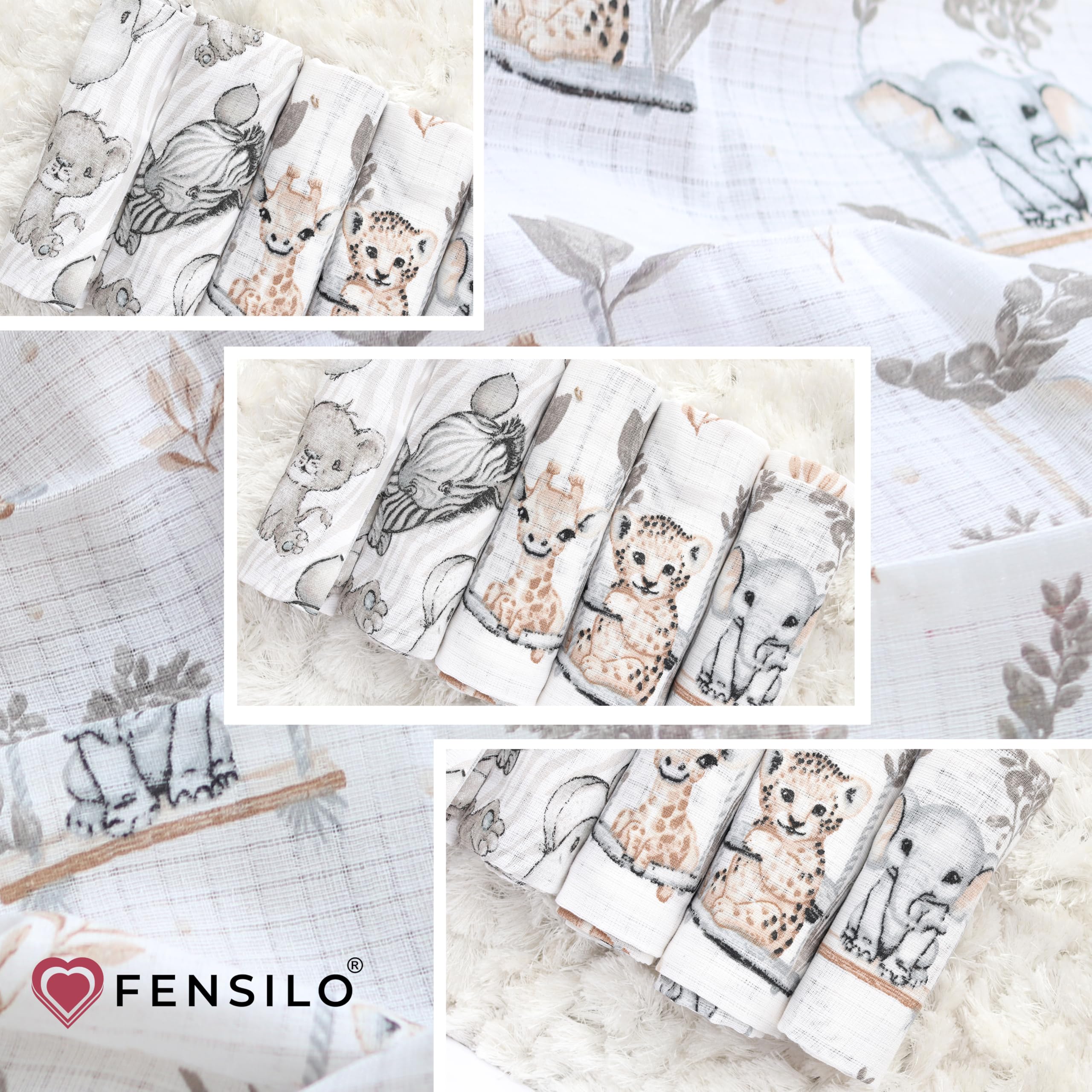 FENSILO Chusteczki z muśliny, 5 sztuk, 70 x 80 cm, chusty muślinowe, pieluchy materiałowe dla chłopców i dziewczynek, żyrafa-słoń