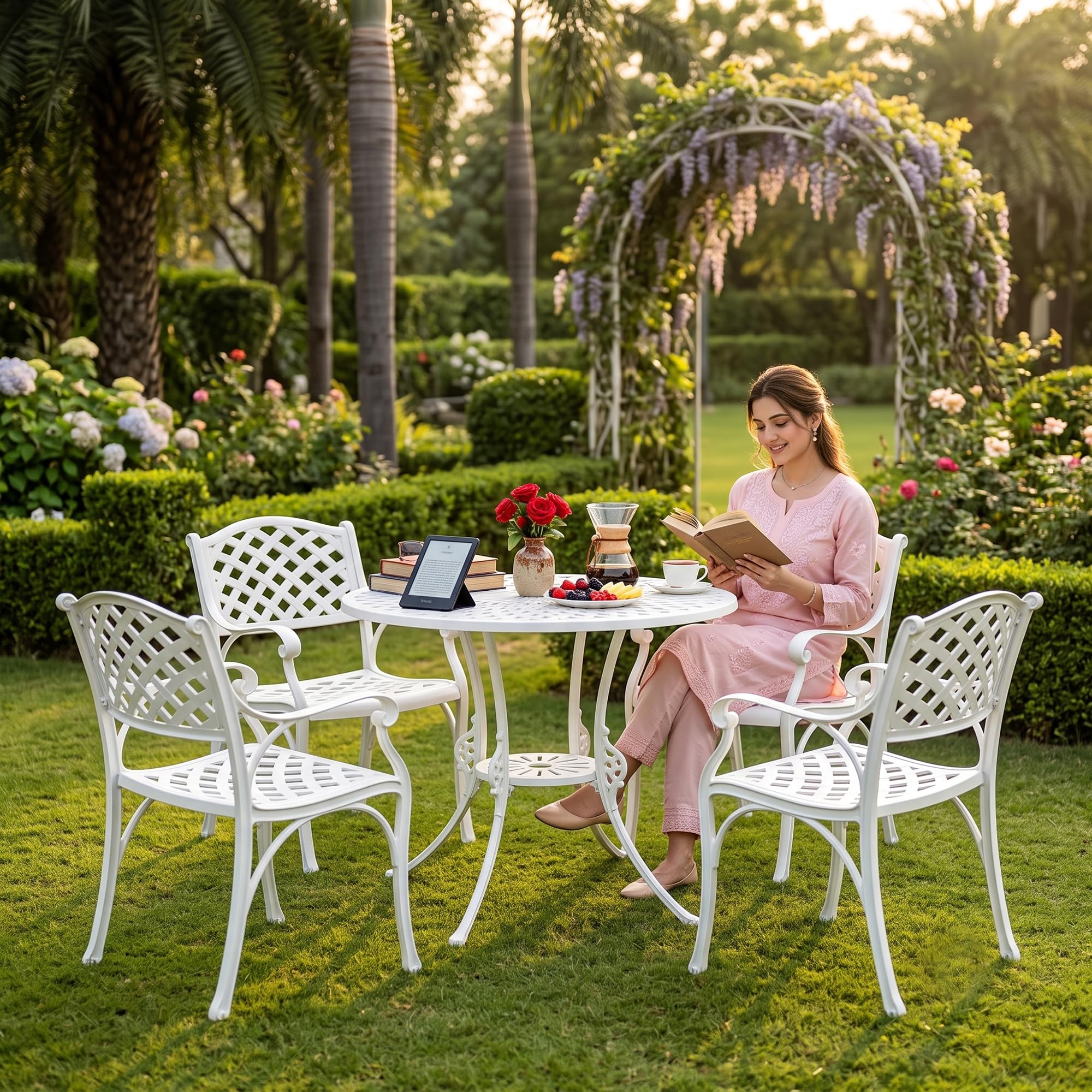 BRISHI Cast Aluminium Garden Patio Seating Chair and Table Set for Balcony Outdoor Furniture with 1 Table and 4 Chairs Set (White)-image-49