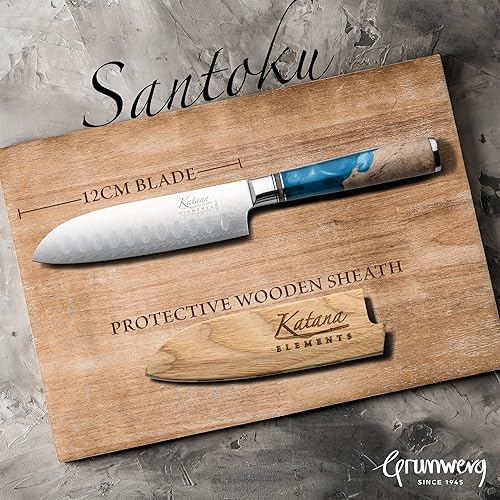 Miniatura 2 de Elements Collection - Cuchillo Santoku de 4.7 in, cuchillas de acero Damasco VG-10 Premium, mango de madera de olivo y resina, funda y caja