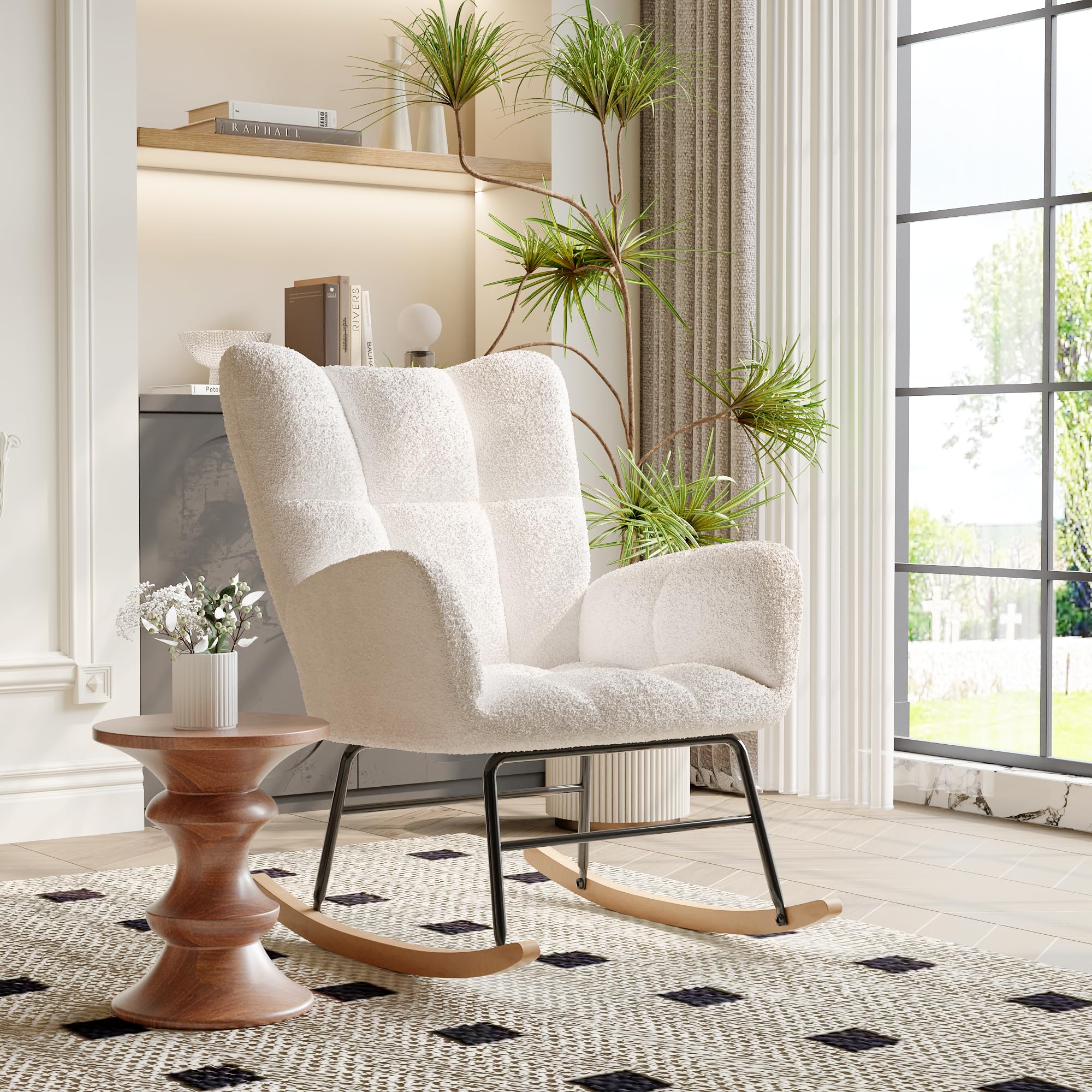 MEXUS Chaise à Bascule, Coussin en Laine à Dossier Haut, Chaise Longue Moelleuse et Chaise d'allaitement, Convient au Salon, à la Chambre, à la Chambre de bébé et à la Salle de Lecture, Beige