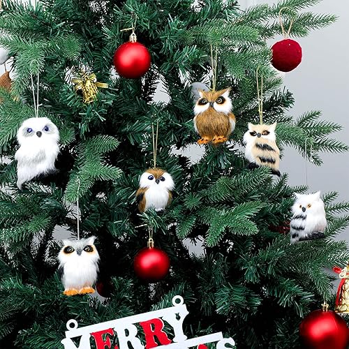 Miniatura 3 de Skylety 6 adornos peludos de búho de Navidad, adornos de búho para árbol de Navidad, lindo búho, adorno colgante de felpa con cuerdas doradas para
