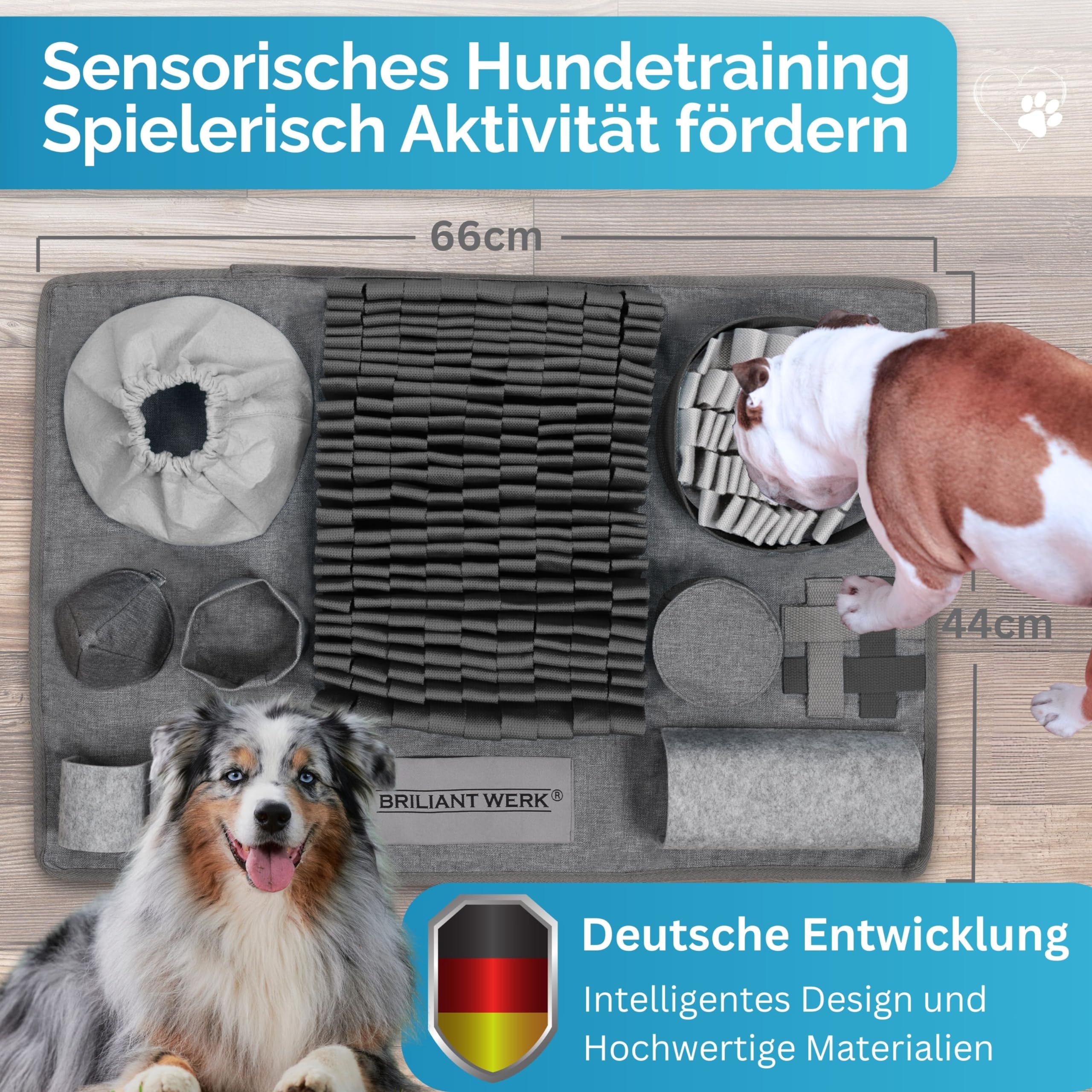 Briliantwerk®️ Schnüffelteppich Hund – Extrem widerstandsfähiges Material - 10 Trainingselemente und 3 Schwierigkeitsstufen – Das Intelligenzspielzeug für Hunde jeder Größe (Grau)