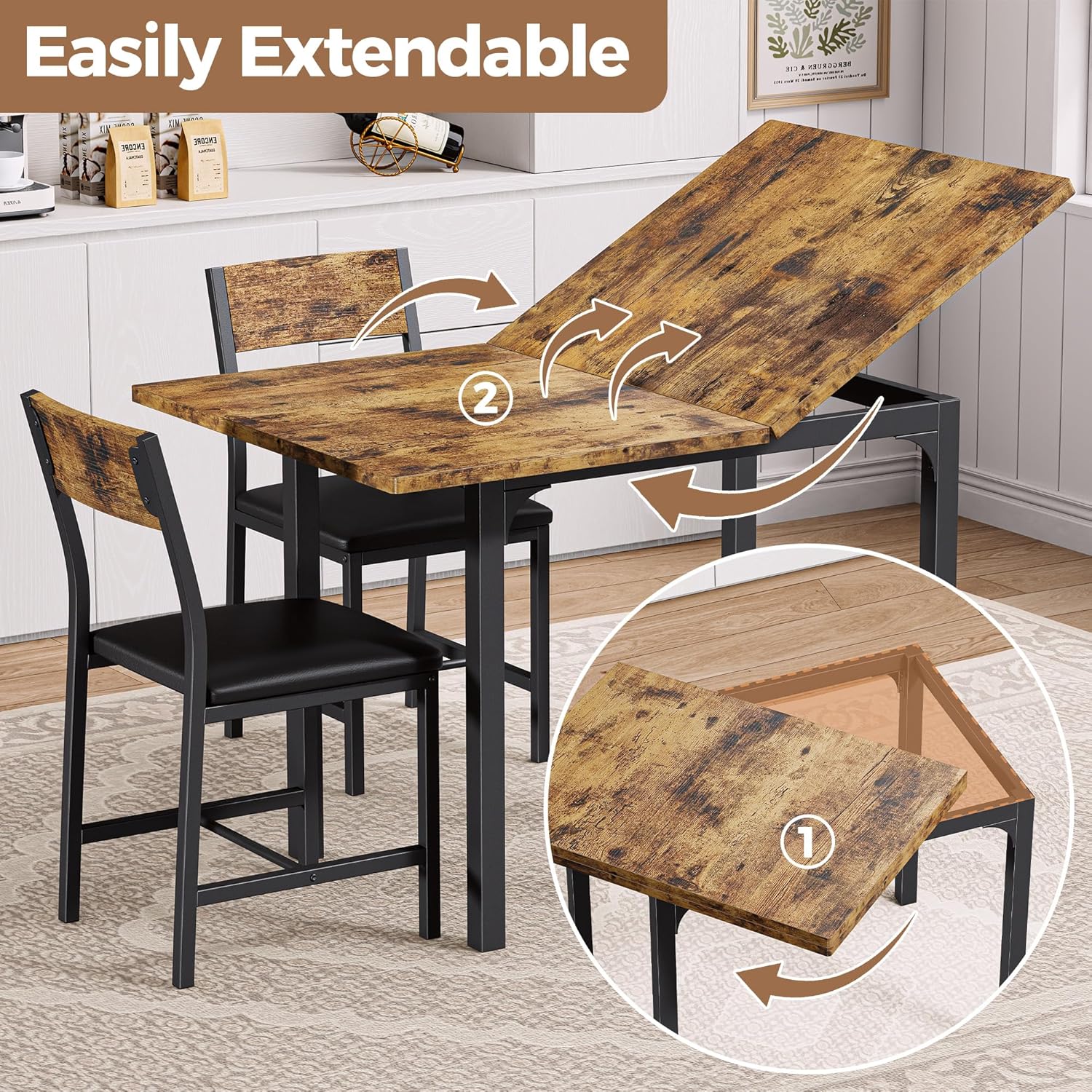 IRONCK 5-Piece Dining Table Set for 4, Extendable Kitchen Table Chairs Set of 4, Dining Room Table with 4 Upholstered Chairs, Folding for Small Space, Apartment, Rustic Brown