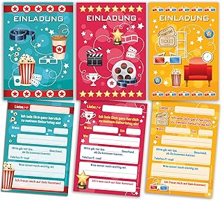 12 tarjetas de invitación para cumpleaños infantiles (4 amarillos, 4 rosas, 4 azules), mezcladas, fiestas de cine / invitaciones bonitas y coloridas