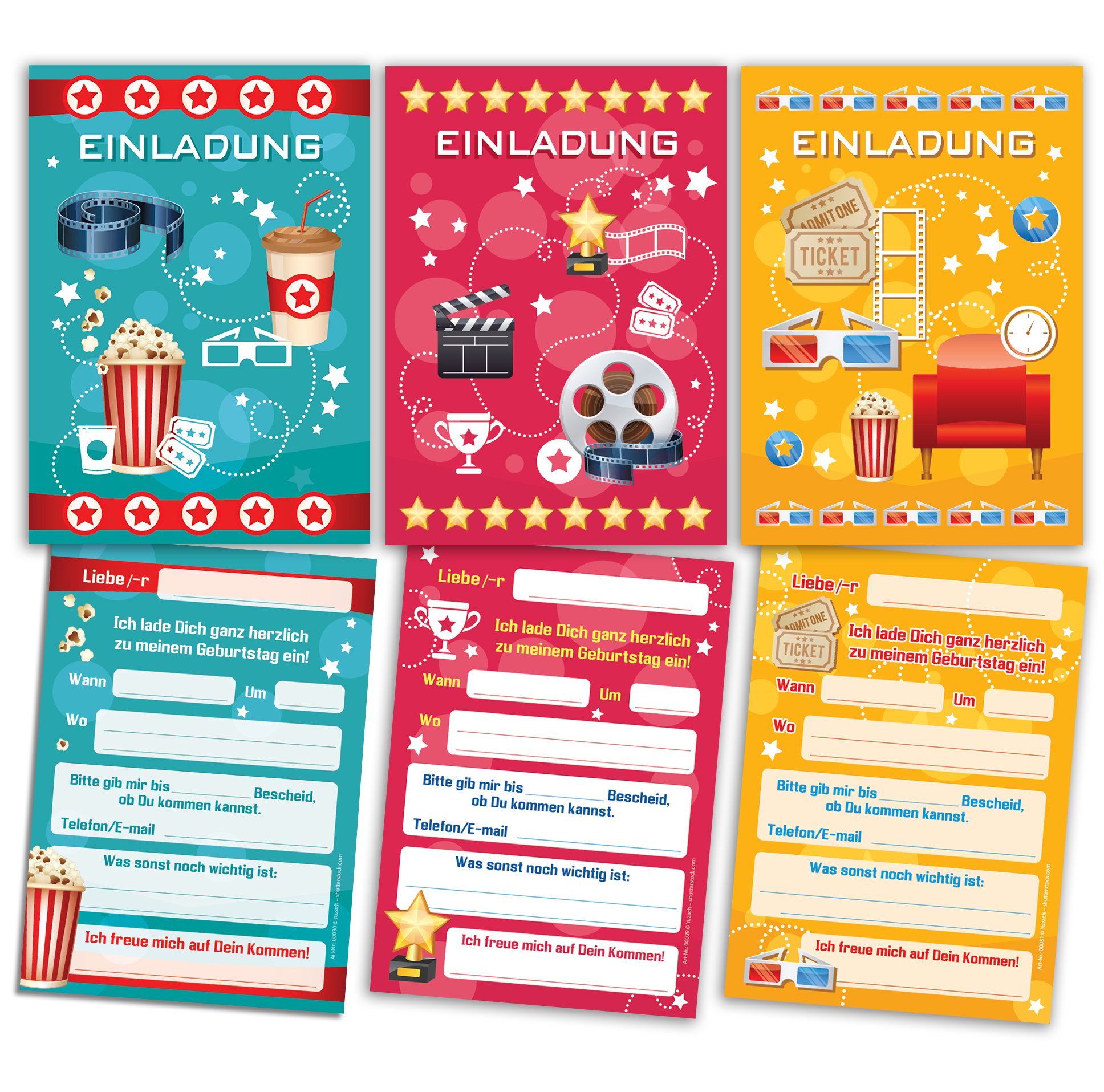 12 Einladungskarten zum Kindergeburtstag Kino Party (4 x gelb, 4 x pink, 4 x blau) gemischt / Cinema Party / schöne und bunte Einladungen