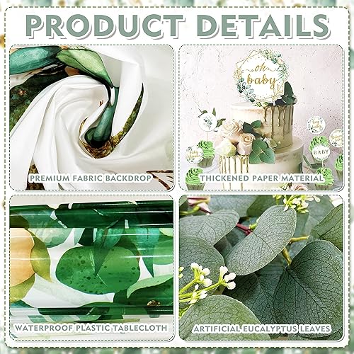Miniatura 4 de Decoración de baby shower verde salvia para niñas y niños, 99 piezas, suministros de fiesta neutros con mantel de telón de fondo Oh Baby, kit de