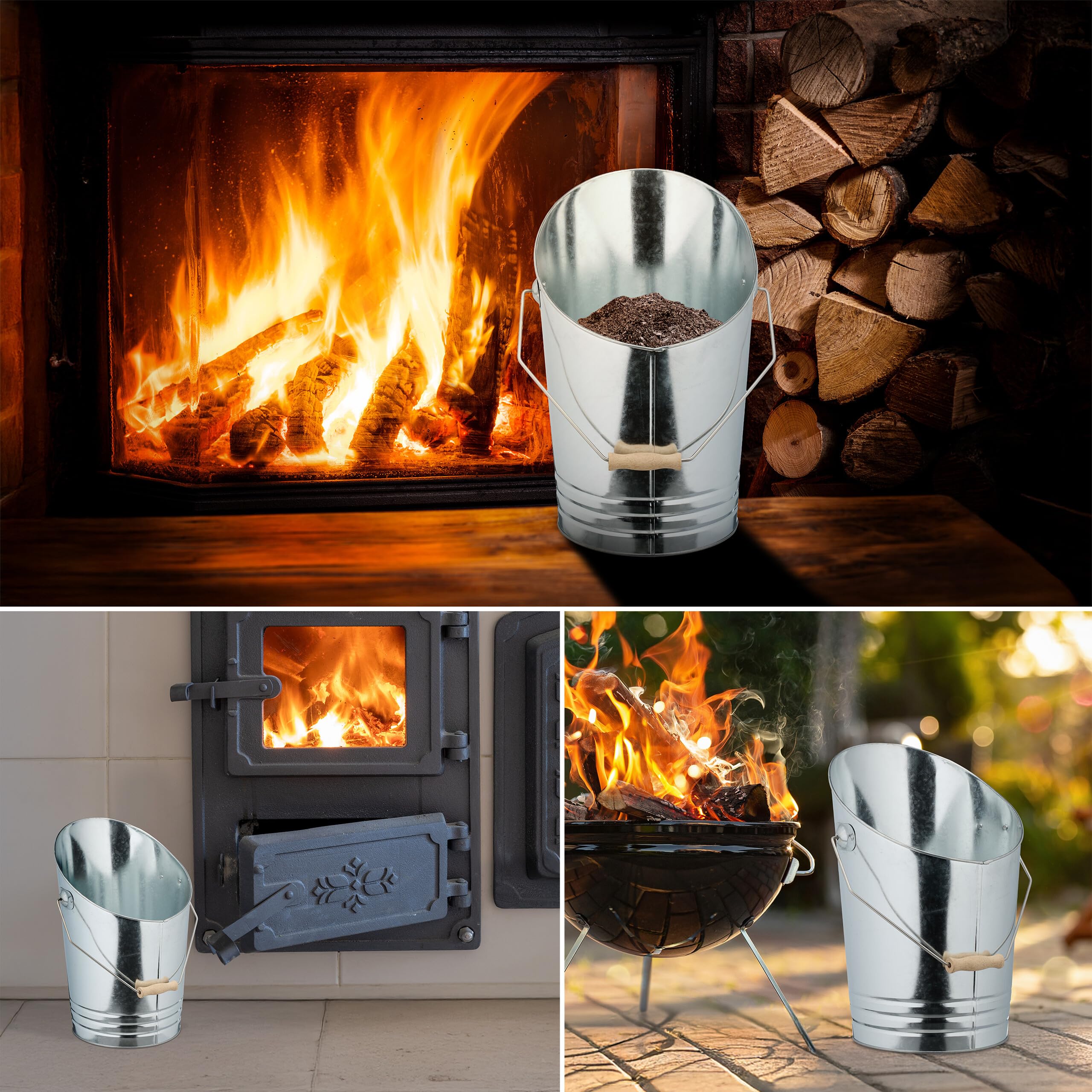 Relaxdays Secchio Raccogli Cenere con Manico e Pala, Cesto Carbone 10 L, Secchiello per Camino e Stufa, Ferro, Argento