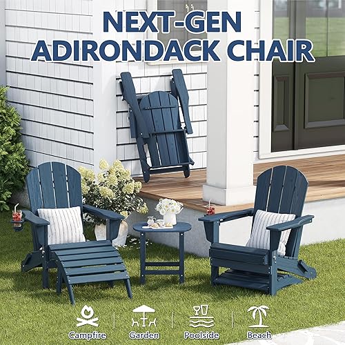 Miniatura 4 de Juego de 2 sillas Adirondack plegables para exteriores, para fogatas de patio, sillas ajustables de polietileno de alta densidad con textura de