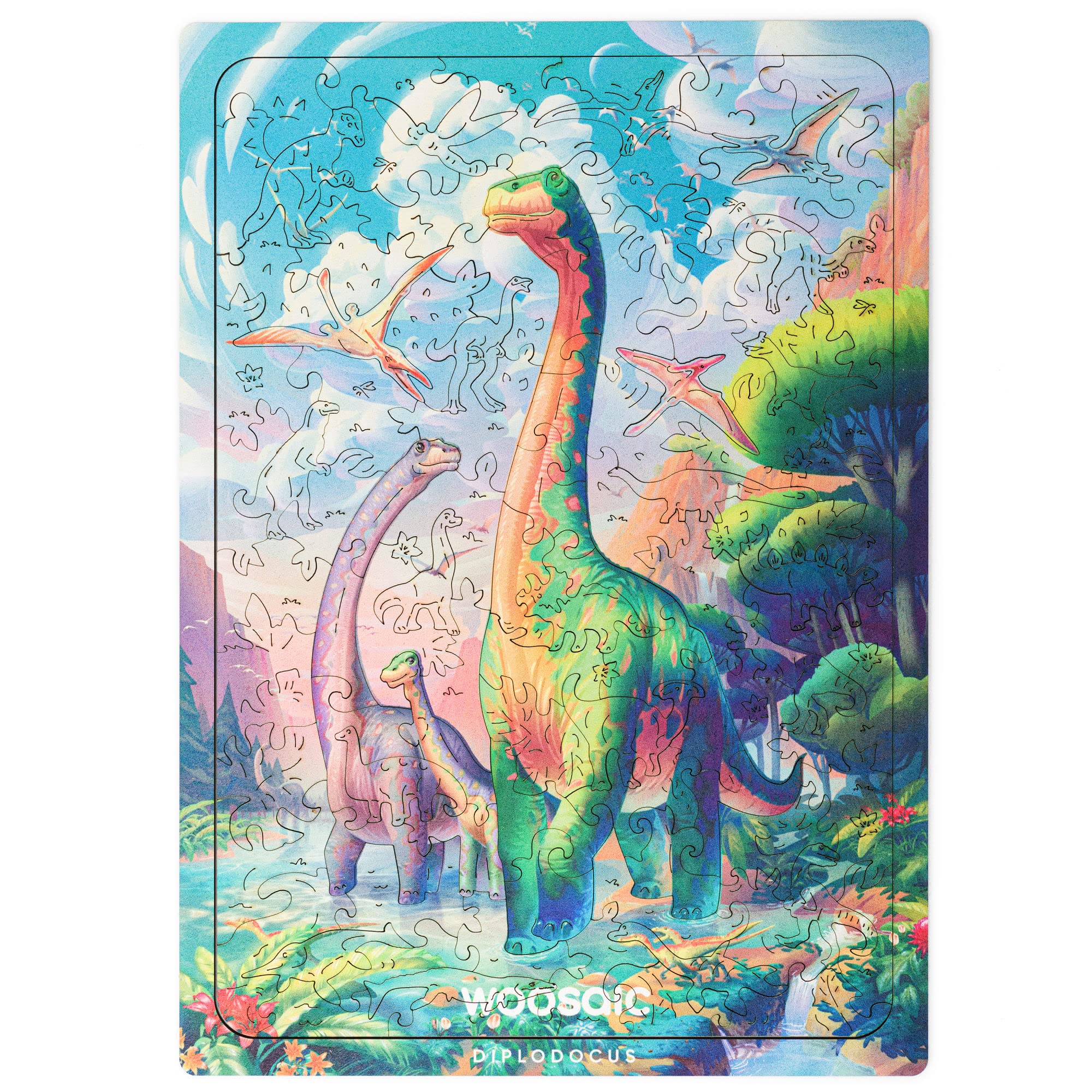 WOOSAIC Original Wooden Dinosaur Jigsaw Puzzle - Diplodocus, 100 pcs, 7.4" х 10.5", Smooth Wood Edges, Unique Dino Shaped Pieces, Includes 3D Dino Toy, Learning Gift for Kids & Adults