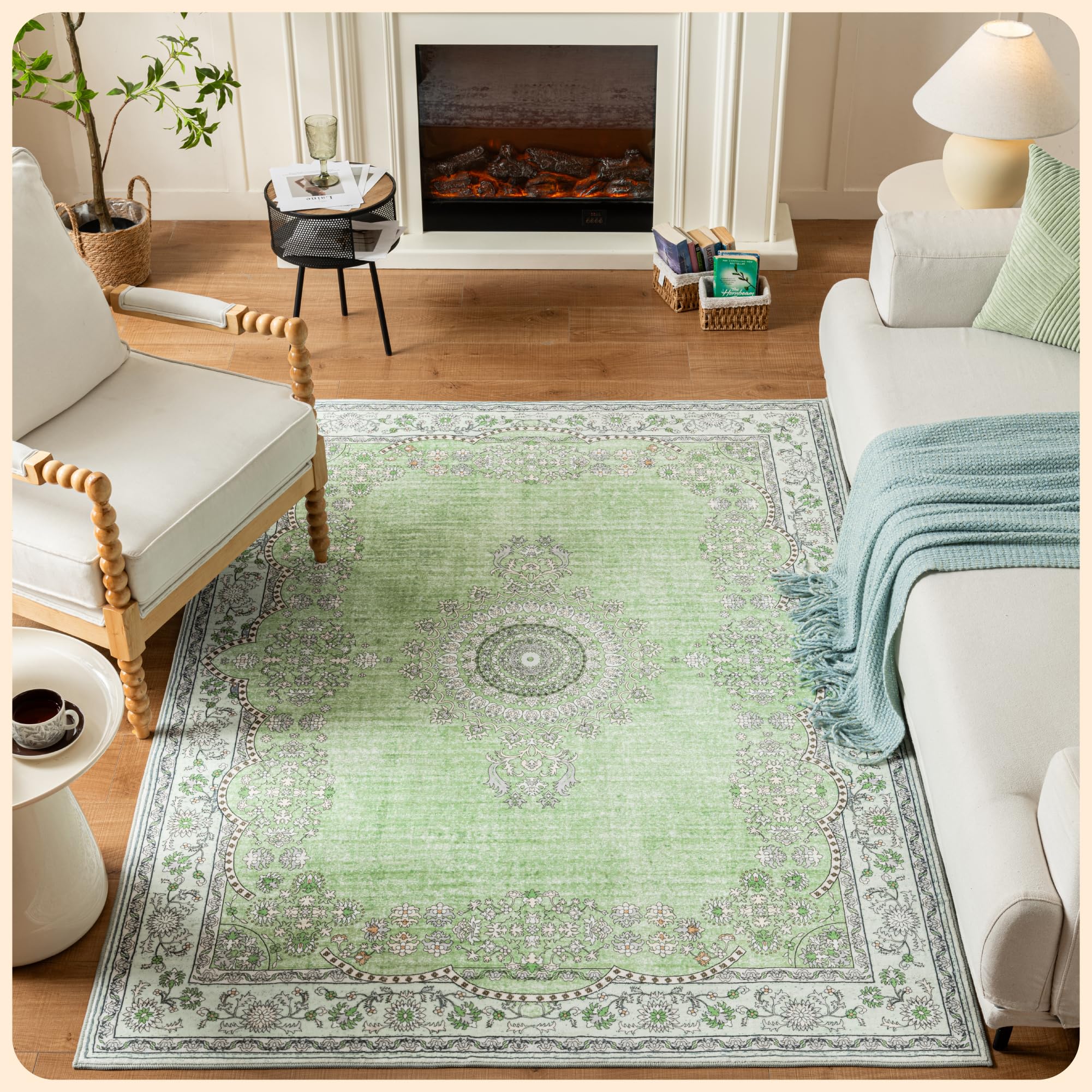 Istana 5x7 Area Rug - Green Rugs for Living Room 5x7 - Foldable Rugs for Bedroom - Stain Resistant Washable Rug - Eco-Friendly Boho Area Rugs - Easy