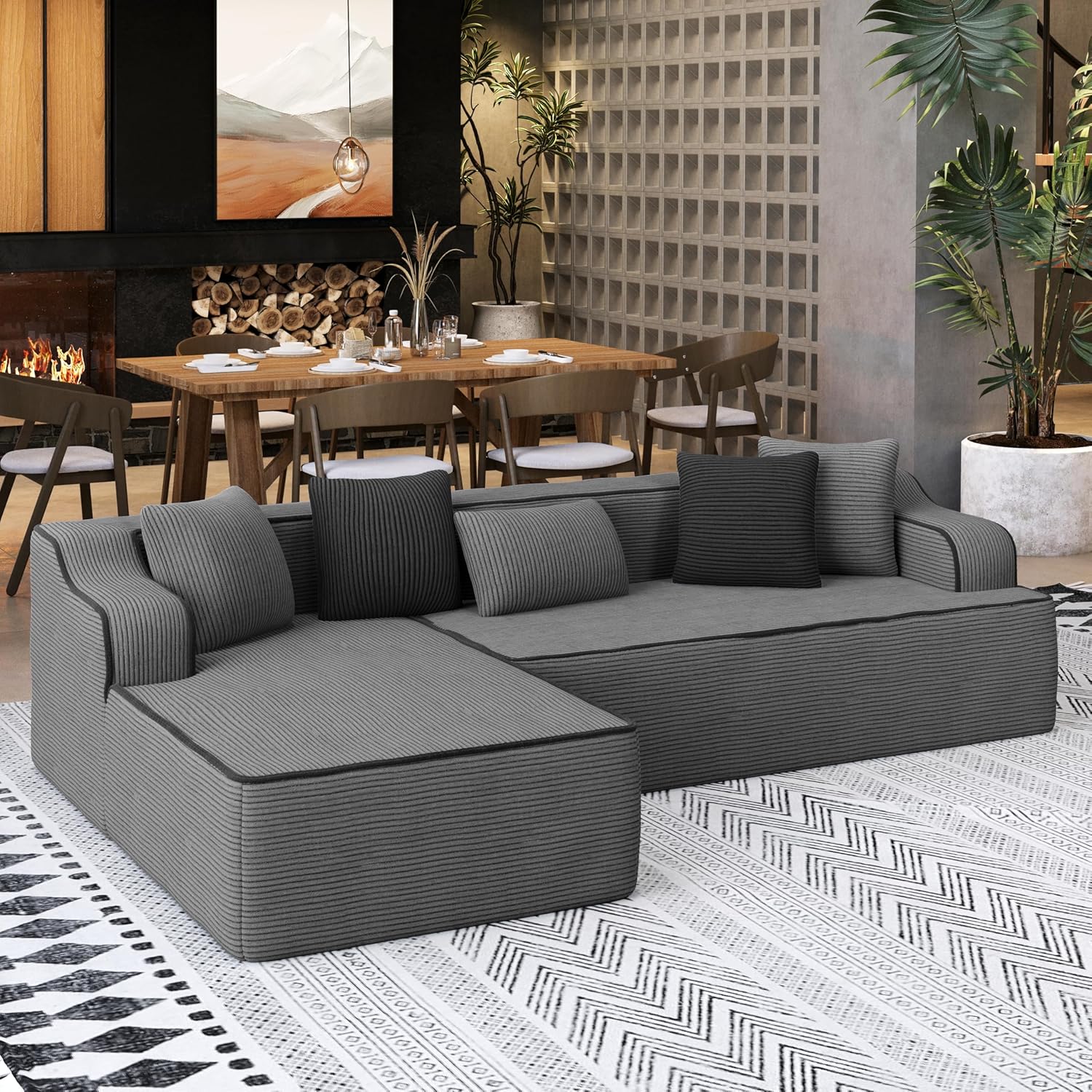 SUNSHINEVALLEY 104" Grey Cloud Sectional Couch, L-Shaped Modular Sofa with Chaise, Corduroy No Assembly Deep Seat