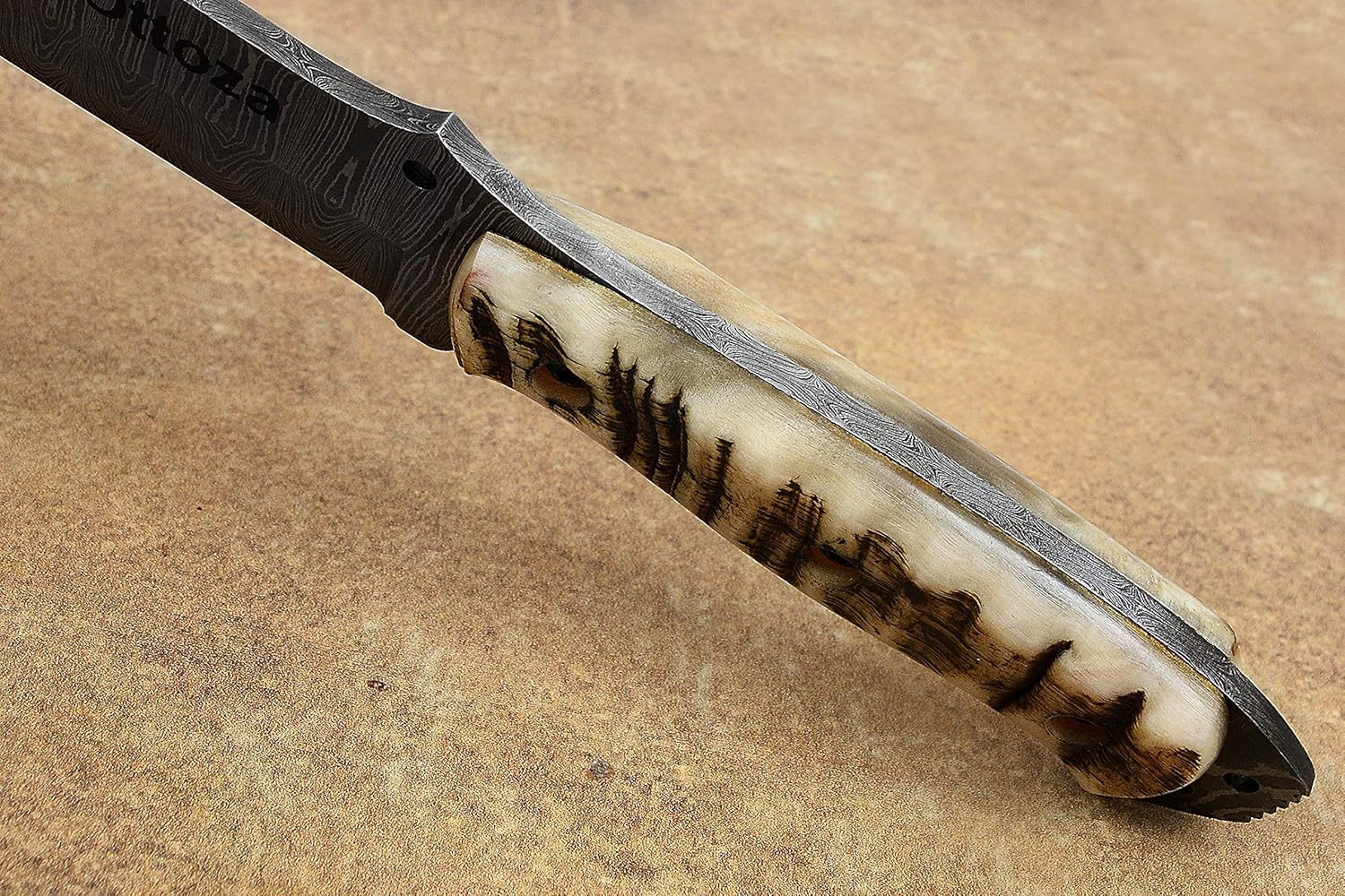 Ottoza Fixed Blade Hunting Knife with Leather Sheath and Horizontal Carry - Ram Horn Handle - Full Tang Outdoor Survival and Camping Knife for Men 308