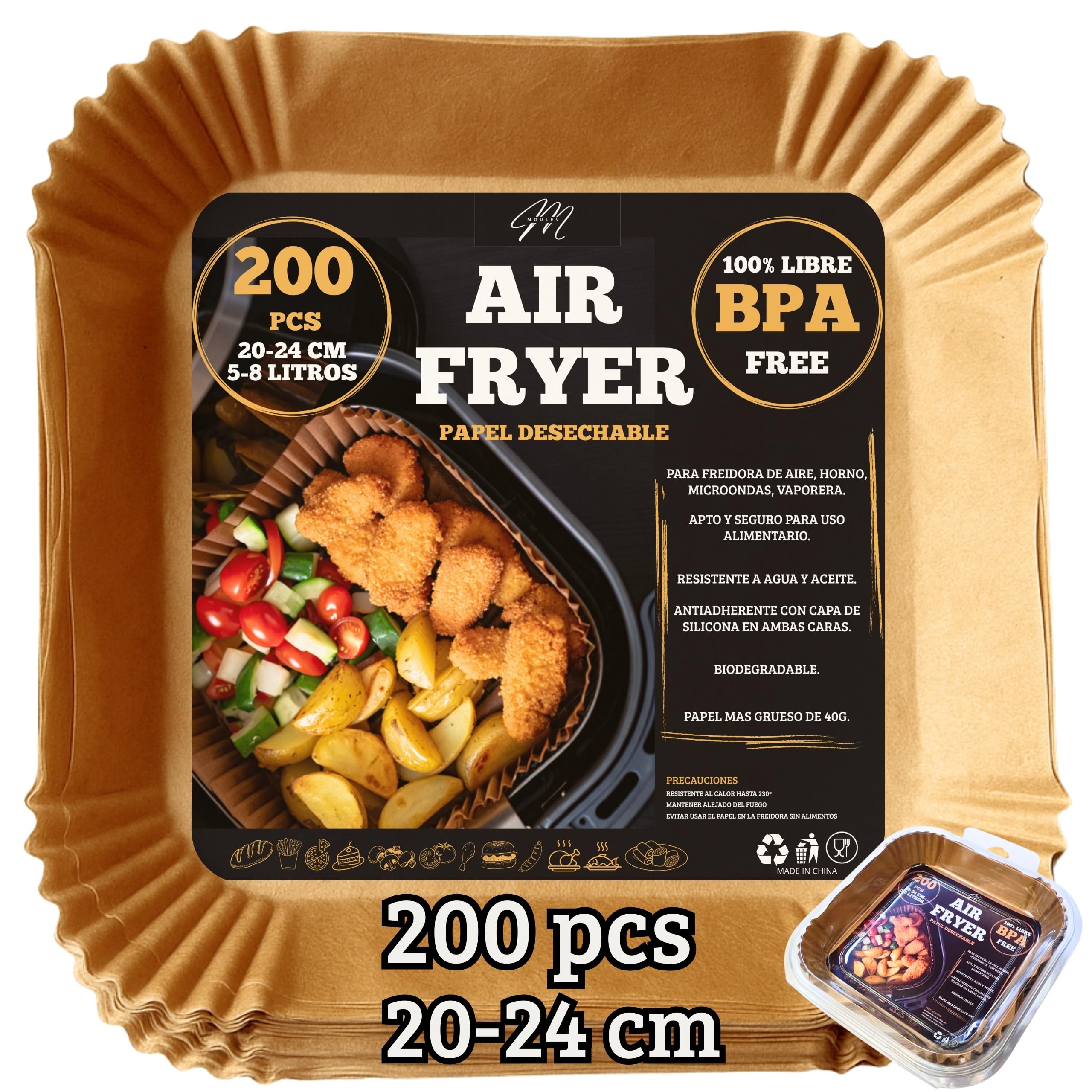 PAPEL AIR FRYER CUADRADO 200 Uds 20–24 Cm - Sin BPA Air Fryer Papel Air fryer Antiadherente - Modelo PREMIUM Profesional - Eco Desechable - Compatible con Cosori y Cecotec - 5-8 Litros.