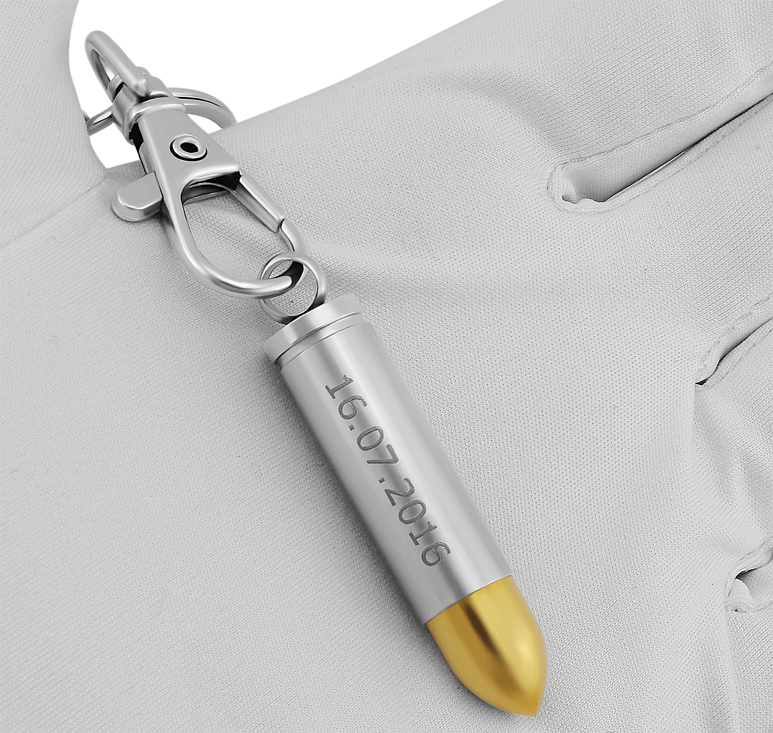 Schlüsselanhänger personalisiert Pistolen-Kugel Patrone | Schlüsselanhänger mit Gravur Edelstahl Silber schwarz Gold | Personalisierte Geschenke für Herren Papa Opa | Schlüssel Anhänger