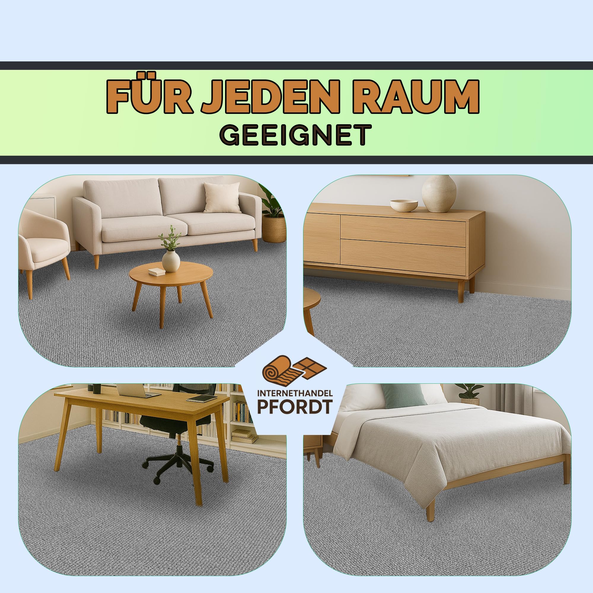Teppichboden Feinschlinge Grau, 550x200 cm, Teppich Meterware für Wohnzimmer und Schlafzimmer, Fußbodenheizung geeignet