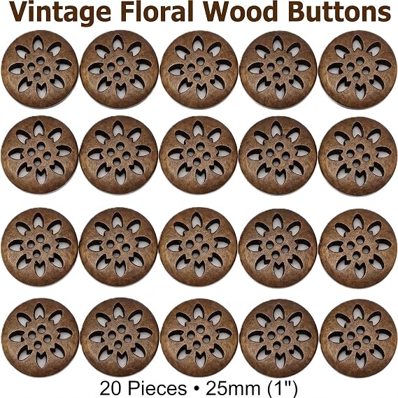 20 Pcs Brown Snowflake Carved 4 Holes Wood Button Wooden Sewing Buttons for DIY Craft Wood Buttons Fasteners Sewing Notions and Supplies