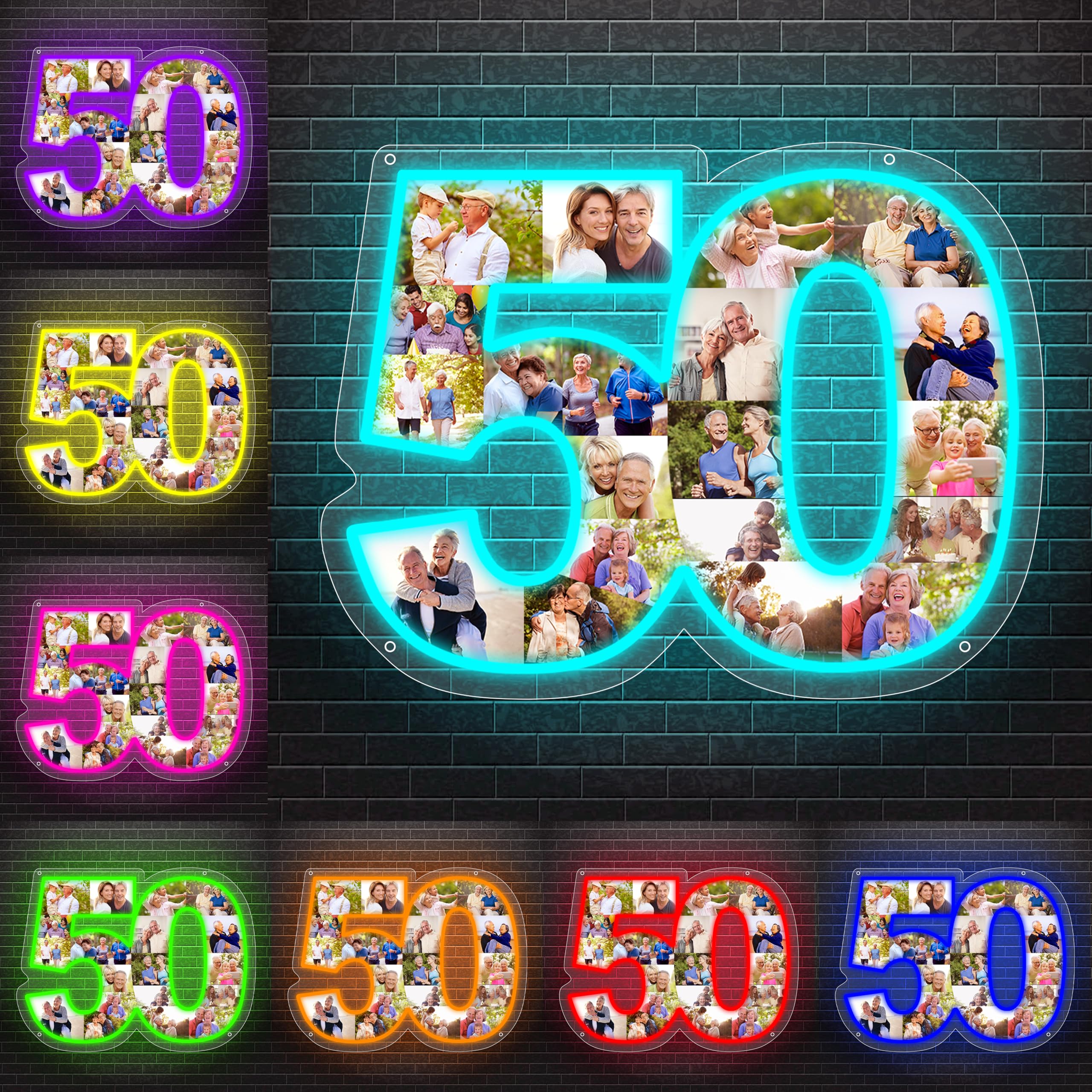 Personalzied Number Photo Collage Neon Sign Lights 50th Birthday Anniversary Wall Photo Night Light 1-20 Picture Collage Lamp Birthday Photo Frame Collage for Family Christmas Holiday Party