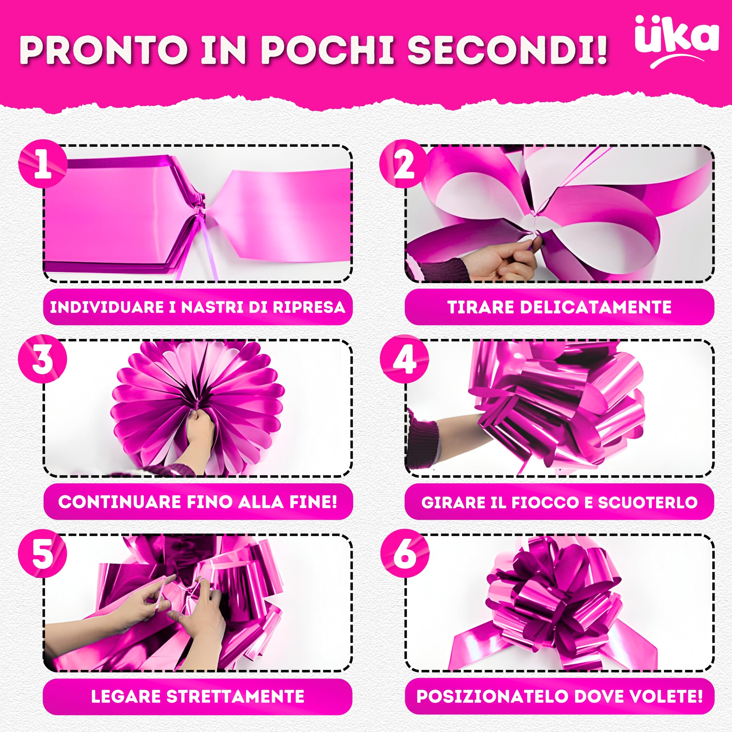 Fiocco Regalo XXL 40 cm Rosa Metallizzato Gigante per Auto Bicilette Elettrodomestici Design Automontante Riutilizzabile