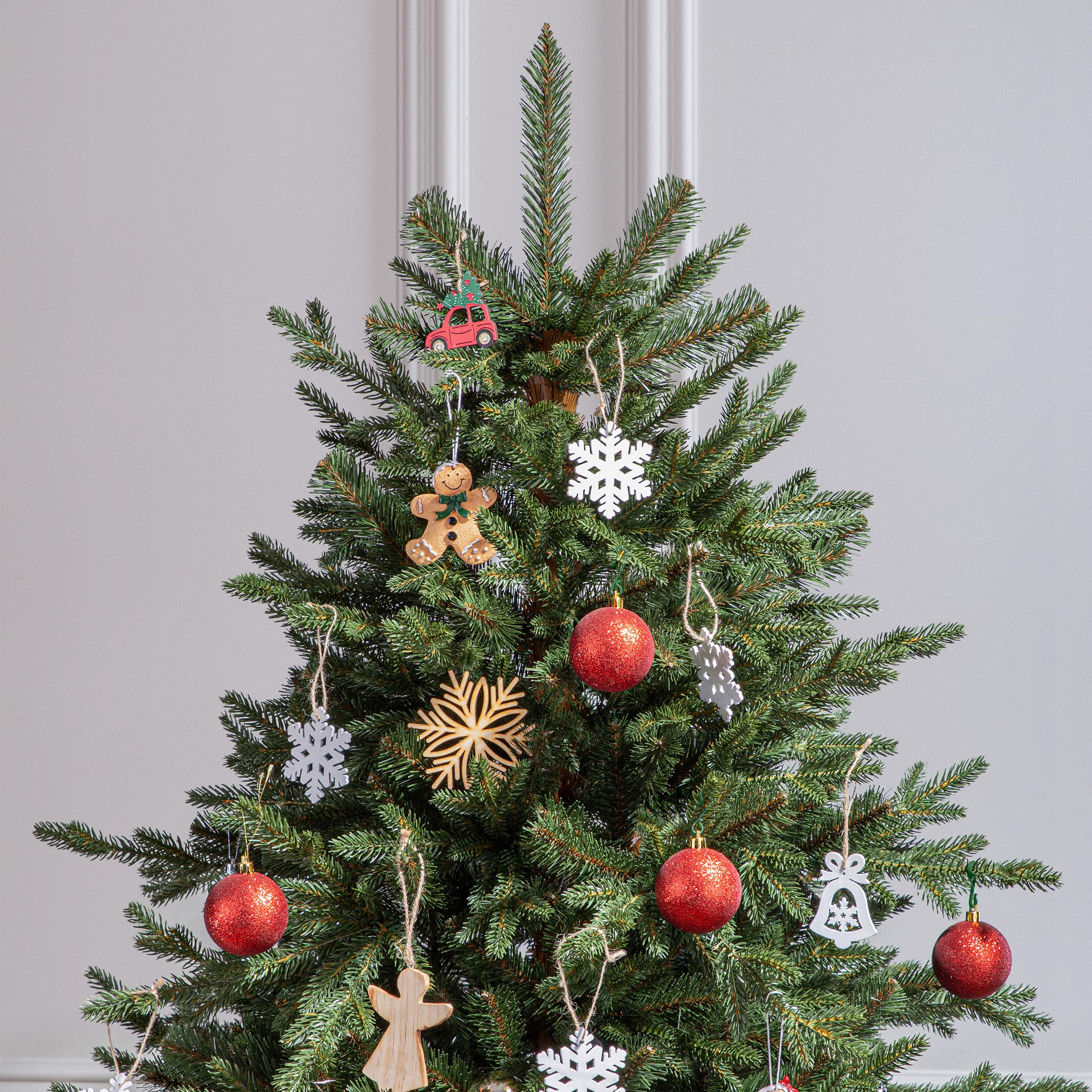 FairyTrees árbol de Navidad Artificial 220cm Alpino Premium con el Soporte de Madera | Árbol Artificial con Elementos realistas Moldeados por inyección | Fabricado en EU