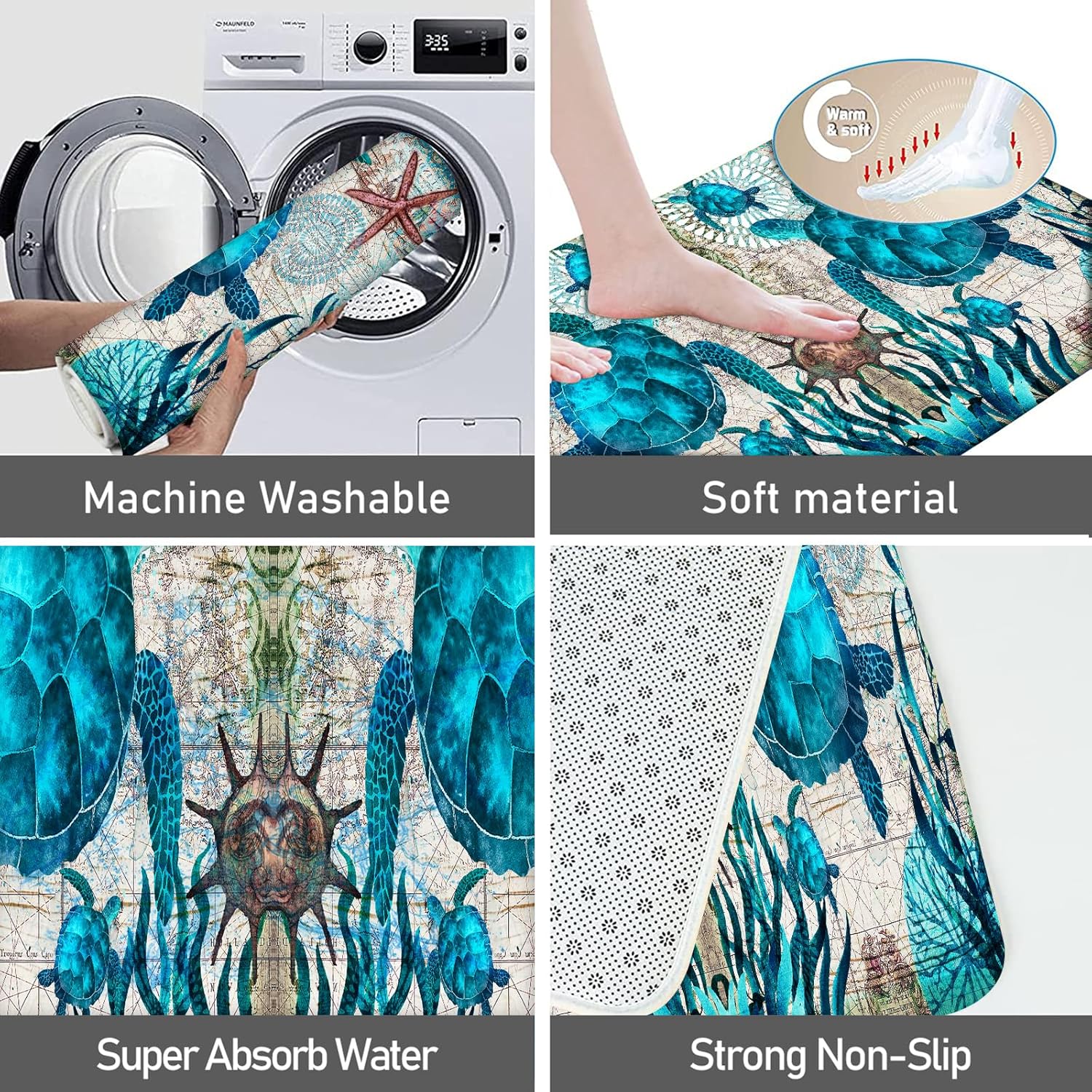 Coastal Runner Rug for Hallway 2x6 Sea Turtle Hallway Rugs Nautical Throw Rug Blue Turtles Beach Ocean Life Teal Area Carpet Non-Slip Floor Carpet for Bedroom Entrance Door Mat Washable Rugs