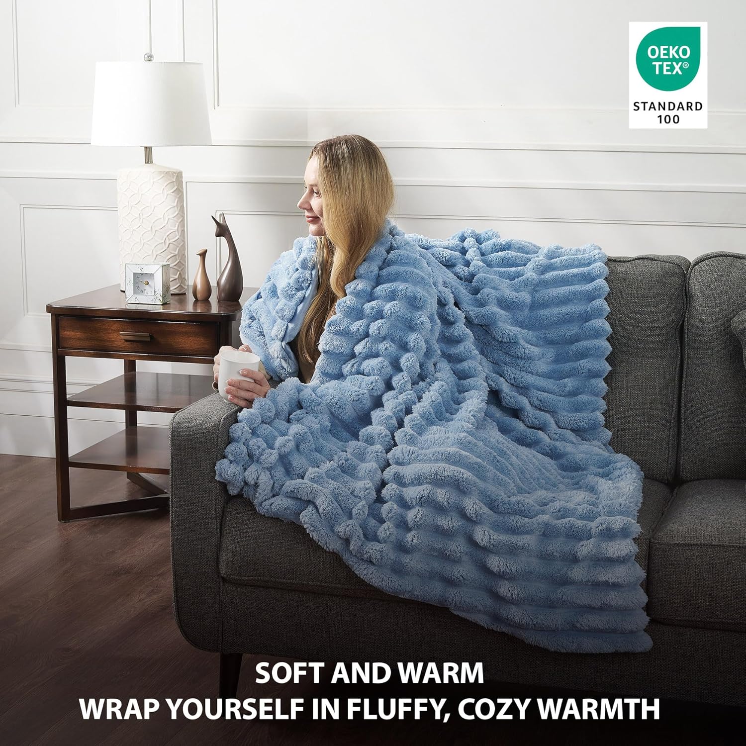 Jumbo Velvet Plush Wide Ribbed Throw Blanket - Super Soft, Warm, Cozy Fluffy Throw for Couch, Bed, Sofa - All Season Décor (Ashley Blue, 50" x 60")