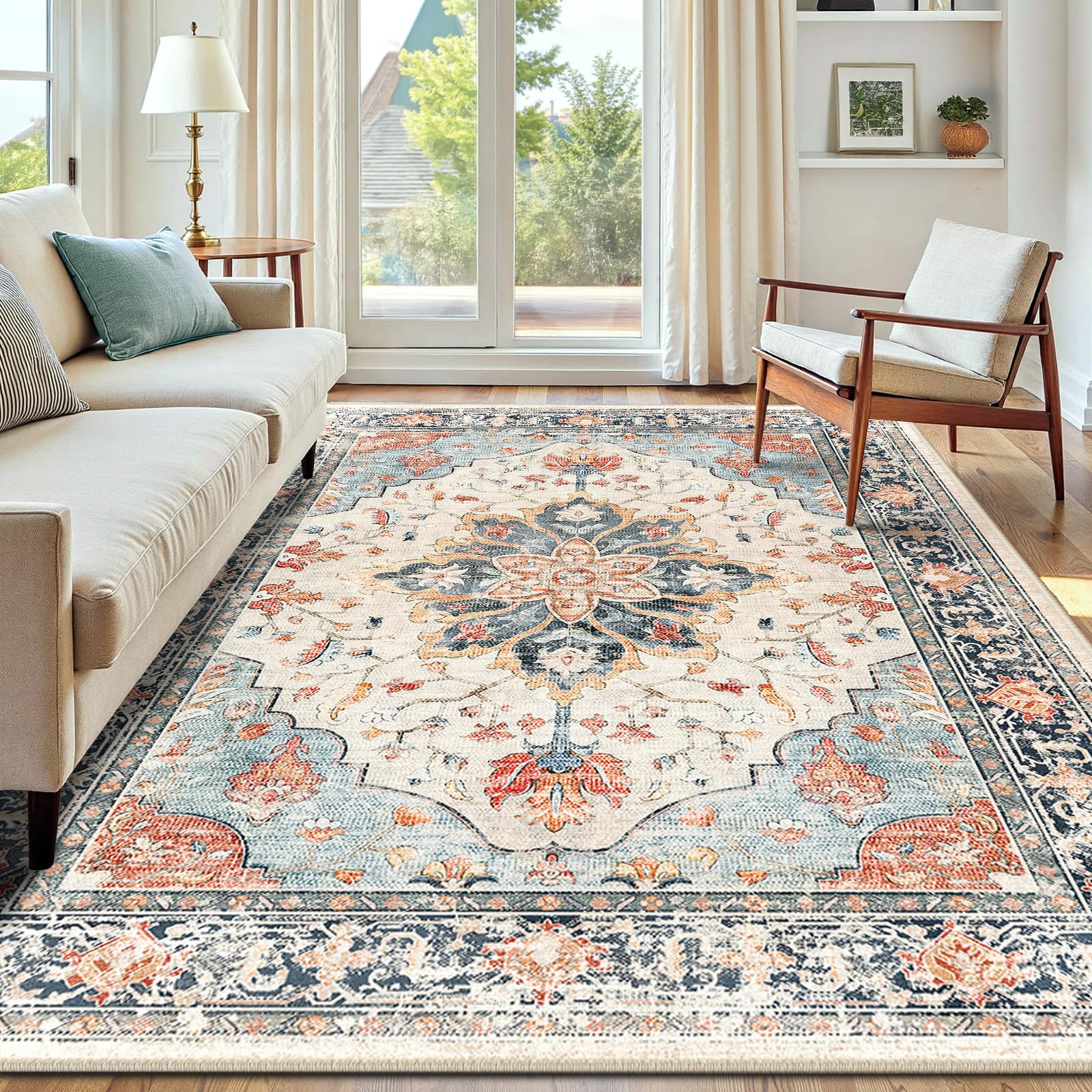 INOVADAY Vintage Waschbarer Teppich Wohnzimmer Boho Kurzflor rutschfest Teppich Weich Teppiche mit Druckmuster für Schlafzimmer, Esszimmer, Büro