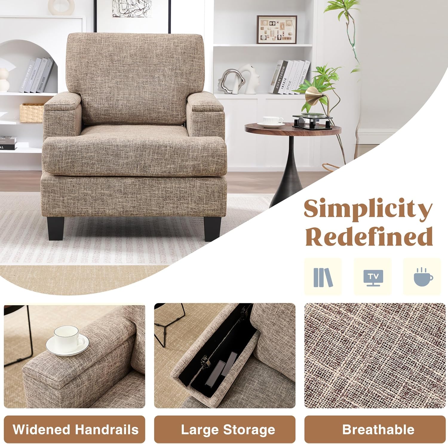 Accent Chairs Set of 2 with Armrest Storage, Modern Upholstered Reading Living Room Chairs, Comfy Large Armchairs, Fabric Single Sofa Chair for Bedroom (Yellowish Brown)