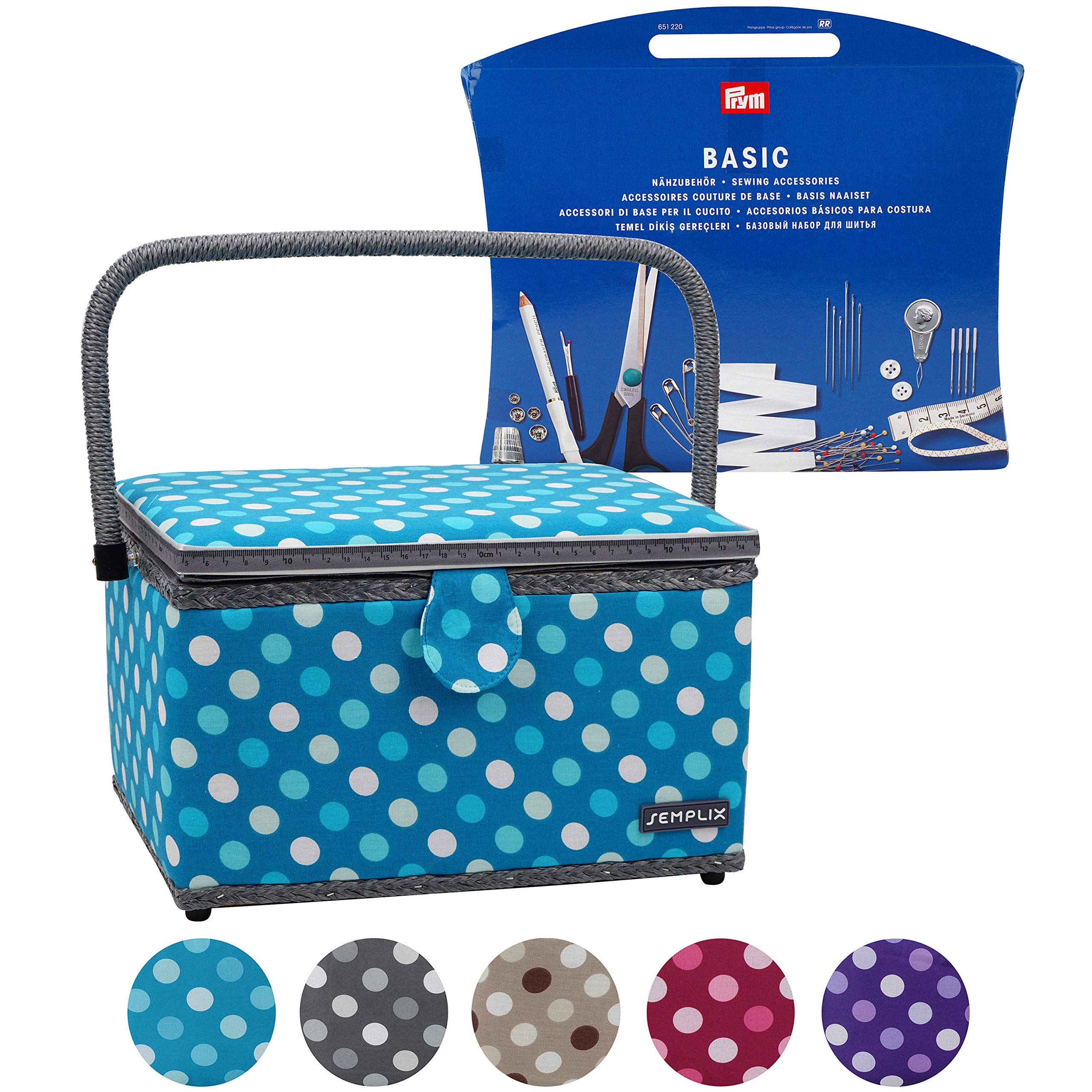 SEMPLIX Koszyk na przybory do szycia, rozmiar L, wypełniony (30 x 22 x 19 cm) – kompatybilny z zestawem akcesoriów do szycia Prym (wchodzi w zakres dostawy) – Polka Dots Petrol-turkusowy