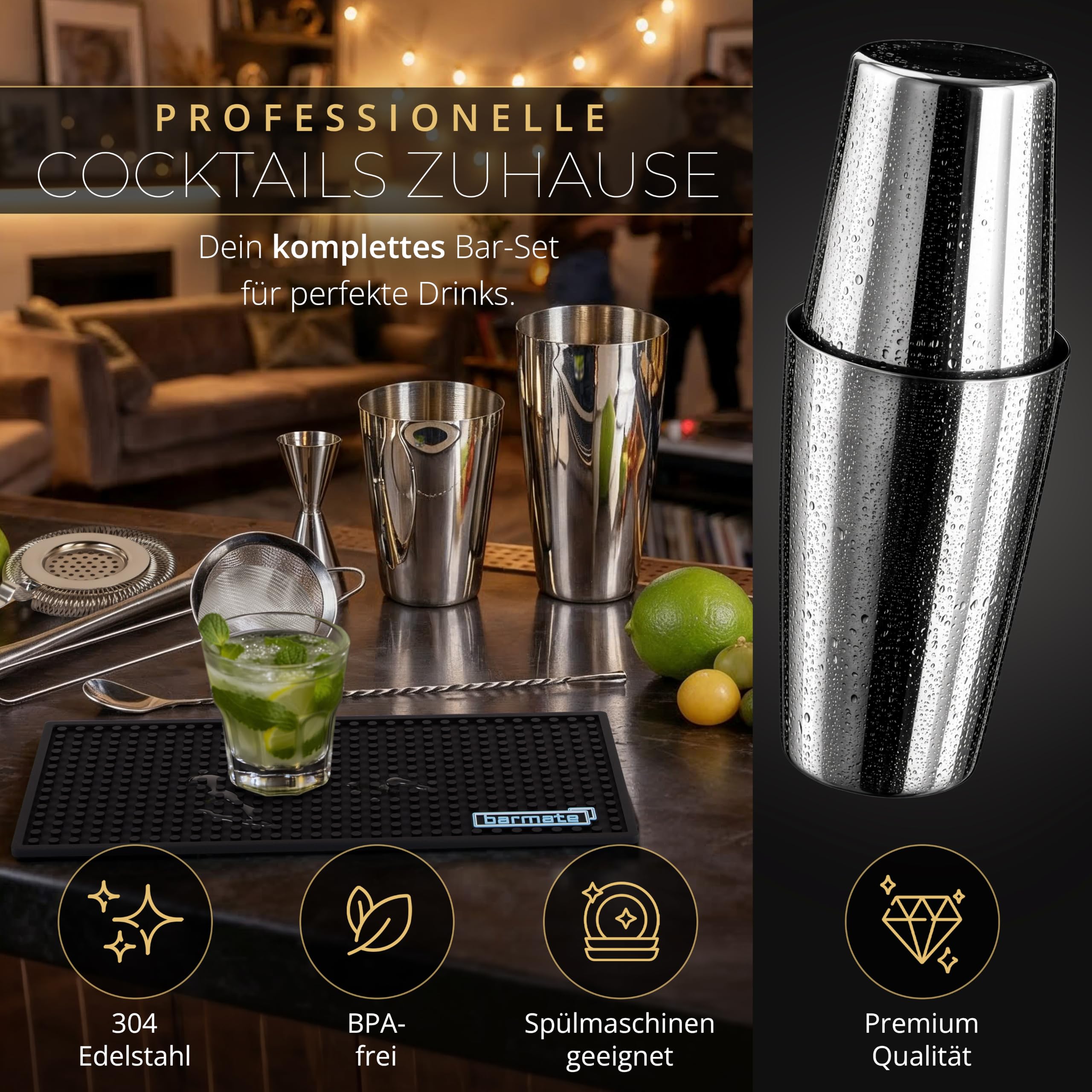 Juego de coctelera de acero inoxidable Boston, Pack Coctelería Cocteles, 7 piezas, compuesto por coctelera, jigger, cuchara de bar, 2 cocidos, muddler y estera de bar