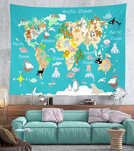 Miniatura 3 de BELECO Tapiz de mapa del mundo para colgar en la pared, diseño de criaturas marinas de animales y animales, tapiz para decoración de habitación de