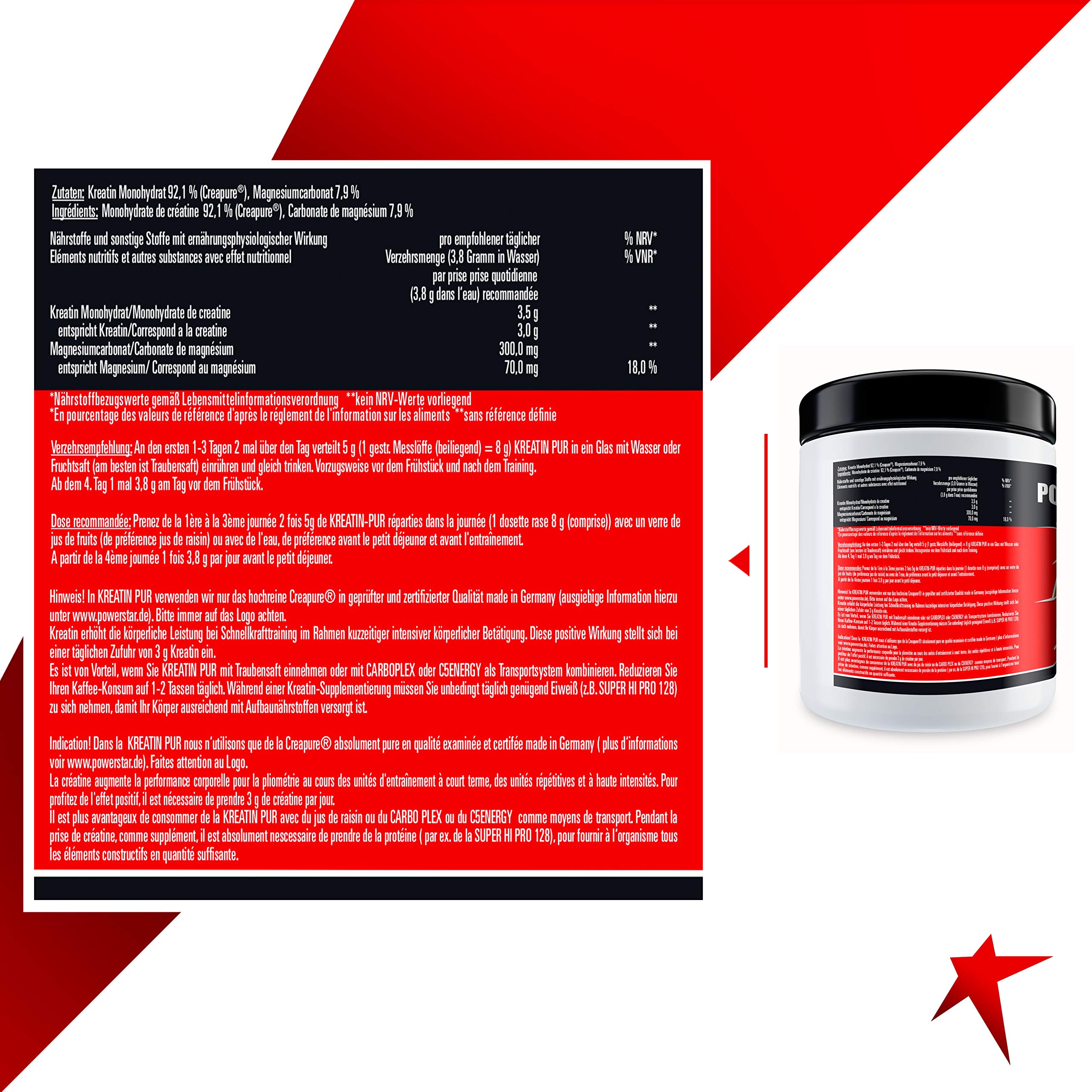 Powerstar CREAPURE KREATIN PUR 2 Dosen - reinstes Monohydrat Pulver vegan