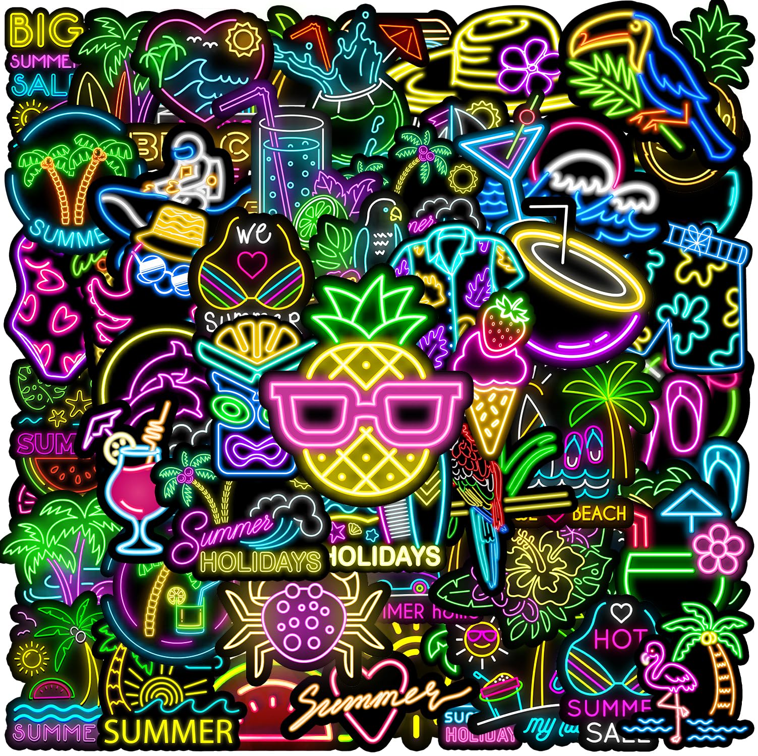 120PCS Neon Summer Stickers Summer Beach Party Favors Birthday Party Decorations Vinyl Waterproof Stickers for Water Bottle Laptop Luggage Helmet