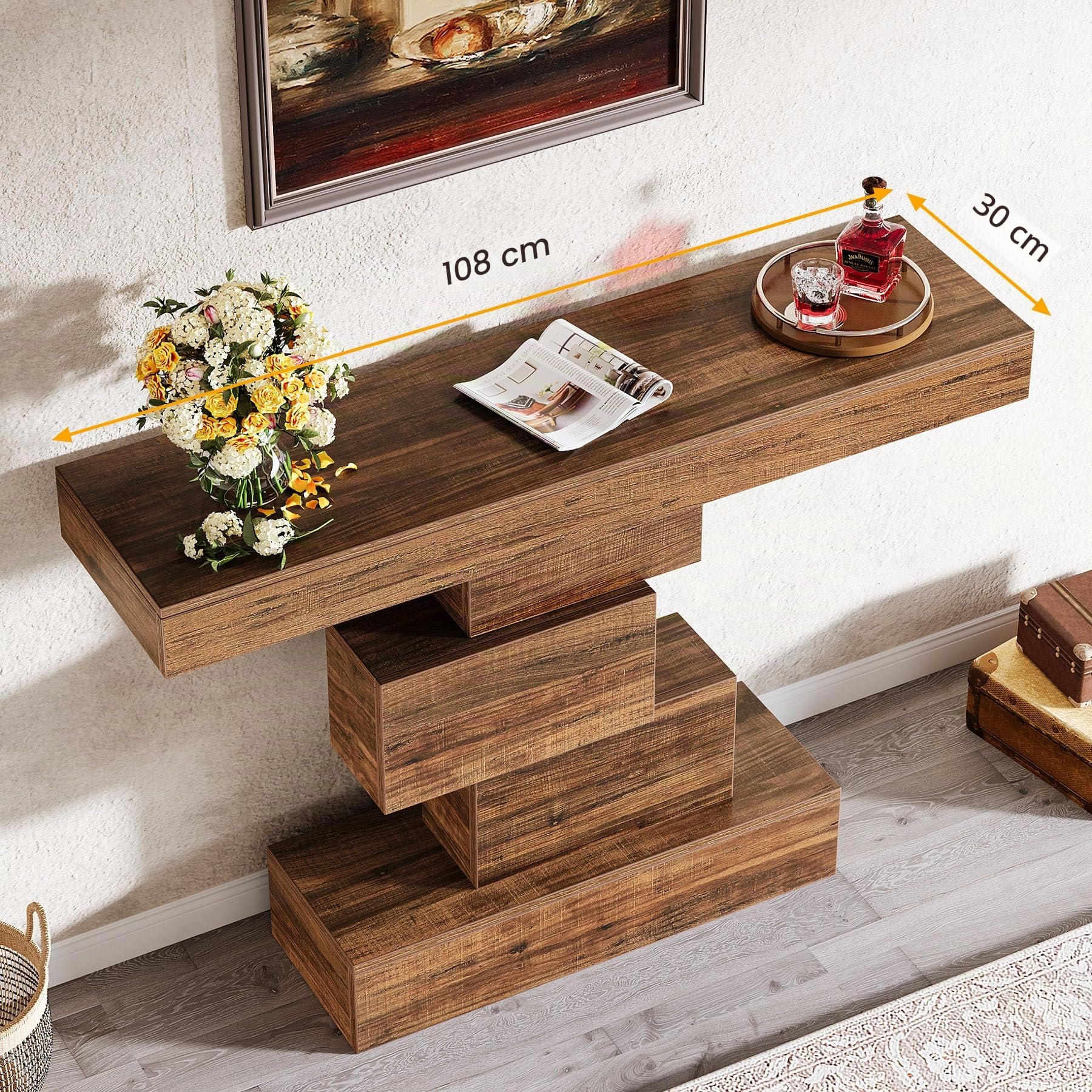 Tribesigns consolle ingresso moderno in Legno, 108x30x80cm, con base dal design accattivante, tavolino stretto in legno, tavolino da divano per soggiorno, corridoio, camera da letto,marrone rustico