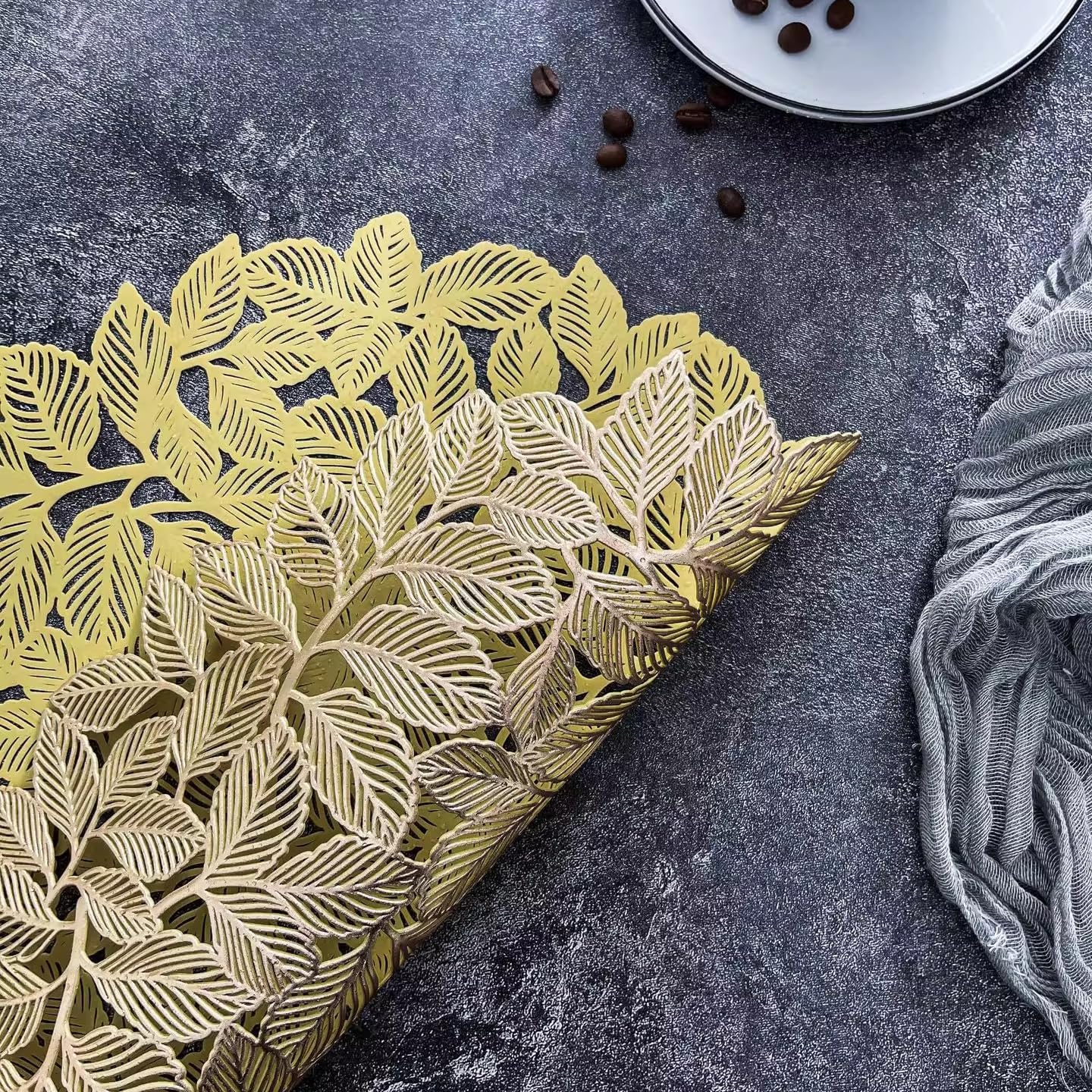 ABREEZE Golden European Leaf Round Heat-Resistant PVC Placemats Set of 2– Embossed Floral Design, Soft Flexible Table Protectors for Dining & Home Decor, 15 Inch,