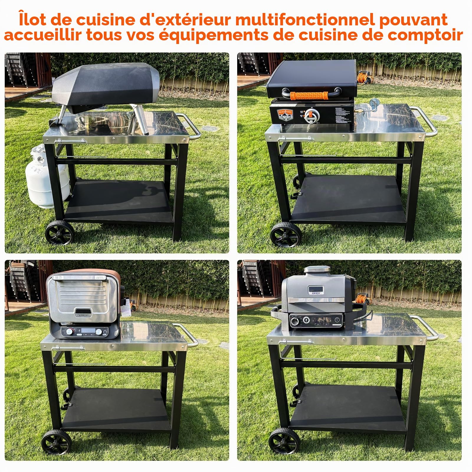 GFTIME Table de Barbecue en Acier Inoxydable avec 2 étages, Support de Four à Pizza, Table de Barbecue pour l'extérieur, Chariot de Travail avec 5 Crochets, Chariot de Service extérieur, Table
