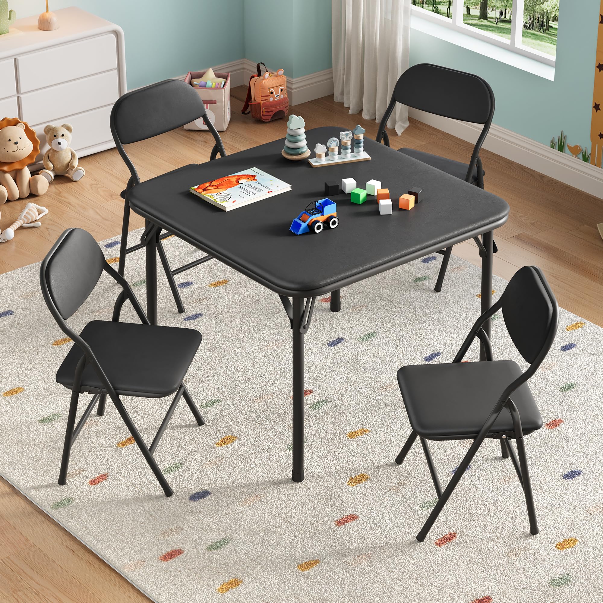 5-Piece Kids Folding Table and Chairs Set, Children's Upholstered Square Card Table & Soft Cushion Chairs, Toddler Activity Furniture, Metal Frame, Ideal for Daycare Classrooms Playtime Learning