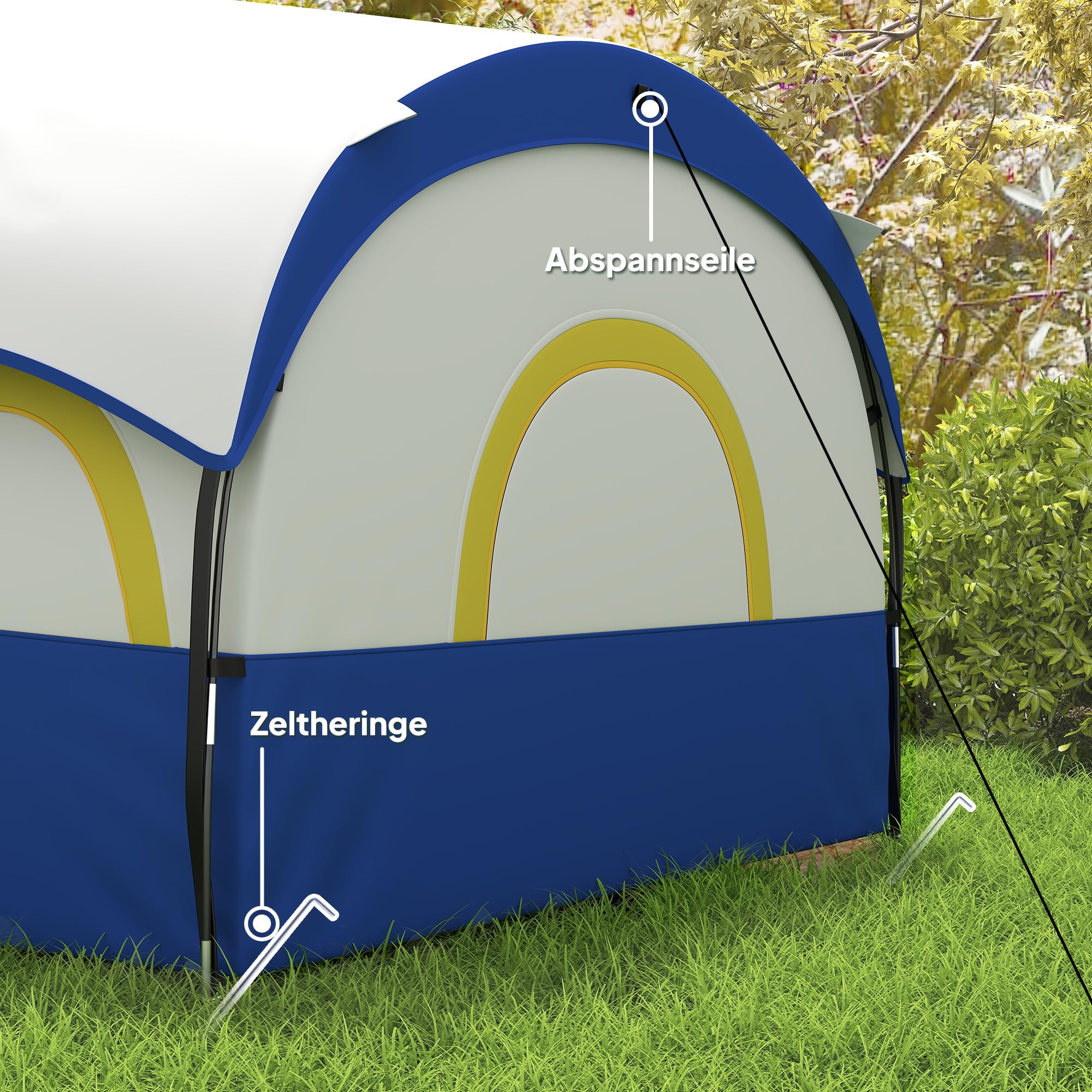 Outsunny Tunnelzelt, Campingzelt für 4 Personen mit 3 Raum, UV Schutz, Meshfenster, Winddichte Familienzelt mit Tragetasche, 3000mm Wasserabweisend groß Gruppenzelt für Garten, Camping, Blau