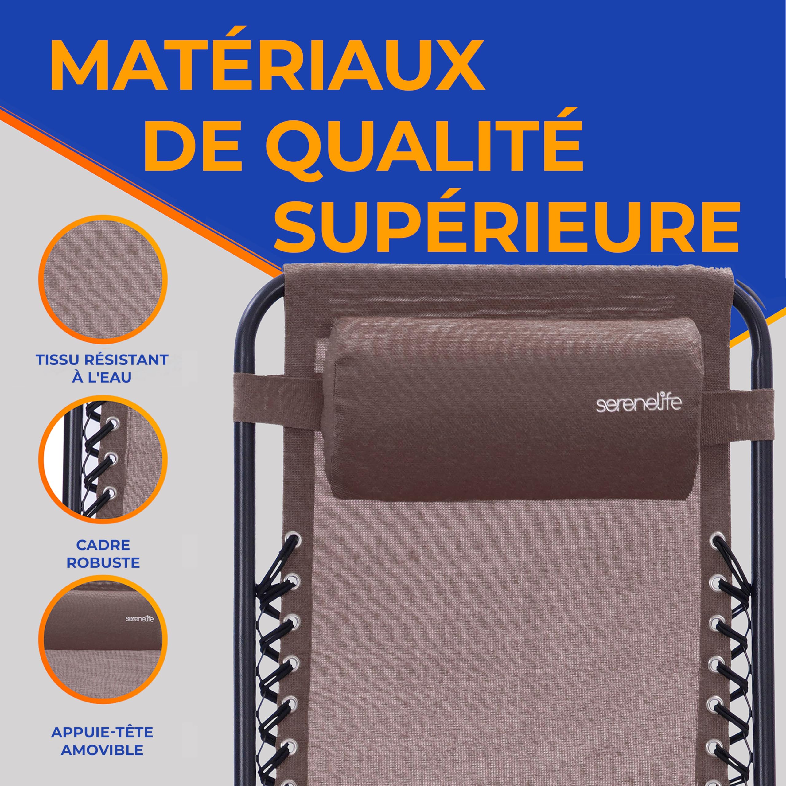 SereneLife Set de 2 Chaises Pliantes - Chaise Longue Réglable pour Extérieur avec Table Latérale, Porte-Gobelets, Oreillers Amovibles - Patio, Jardin, Plage - Marron