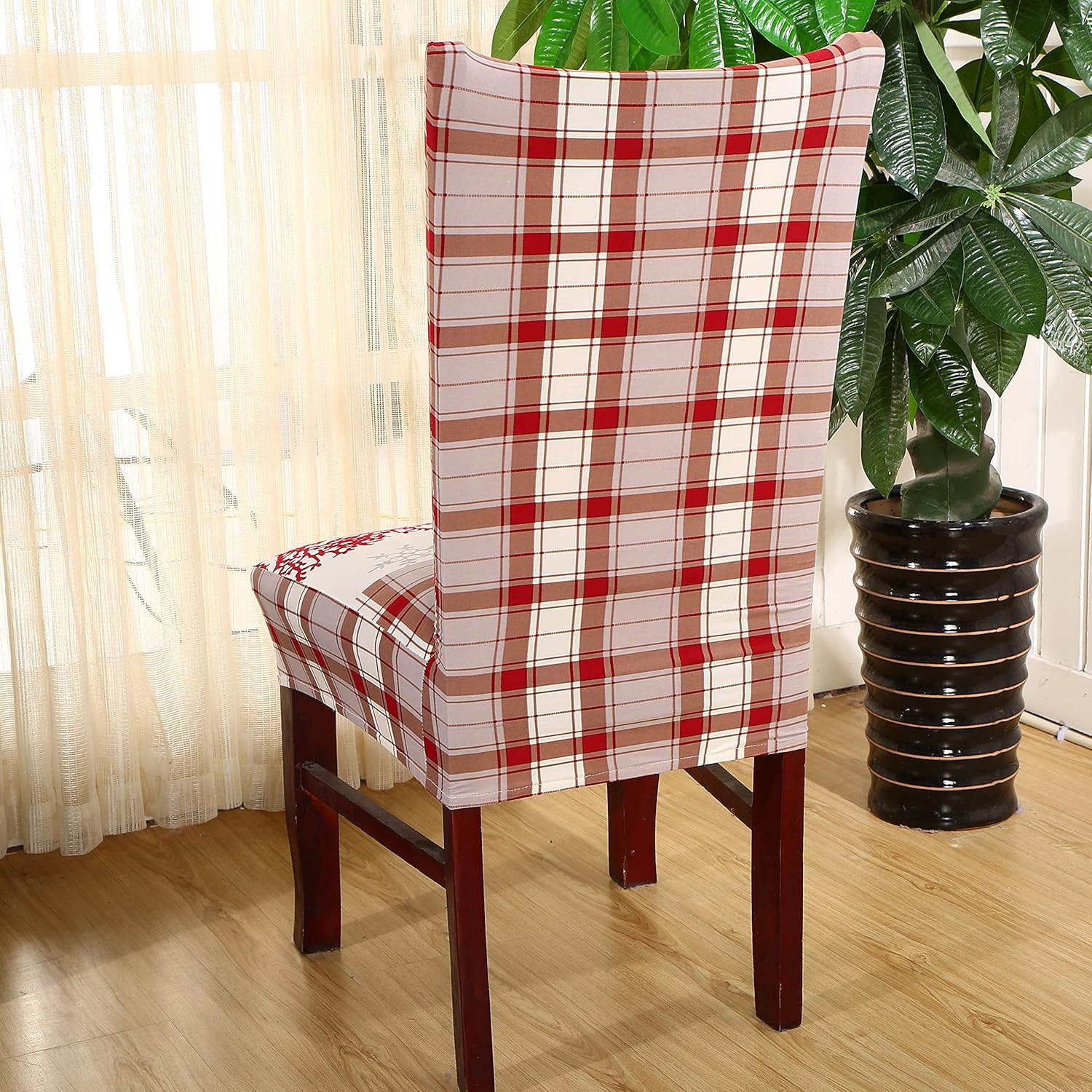 Christmas Chair Covers Stretch Removable Washable Home Hotel Dining Room Chair Protector Slipcovers Snowflakes Elk Tree Buffalo Plaid Checkered Chair Covers (White, Set of 4)