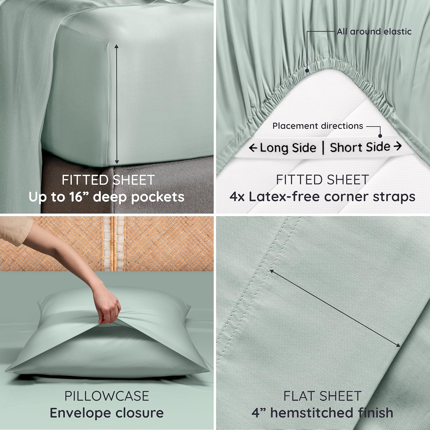 Bambaw 100% Viscose Derived from Bamboo Sheets Queen Size Deep Pocket Set – 4pcs Hotel Luxury Bedding Set, Fits Up to 16'' with Elastic Corner Straps, Ultra Soft Cooling Sheets Queen Size (Sea Glass)