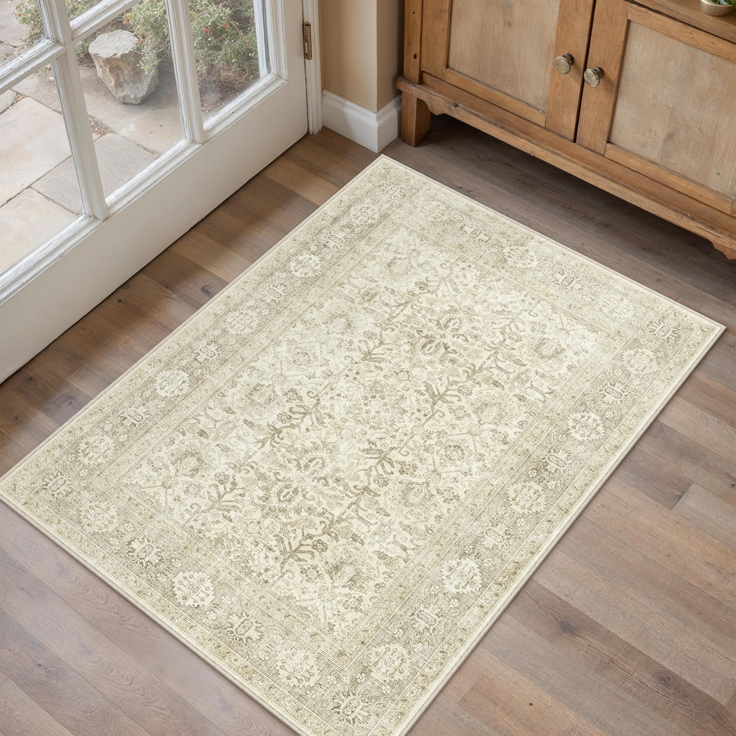 PureCozy 2x3 Brown Area Rug Washable Vintage Distressed Carpet Low Pile Entryway Door Mat Non Slip Indoor Soft Small Retro Entrance Throw Accent Rug for Kitchen Bathroom Bedroom Dining Living Room