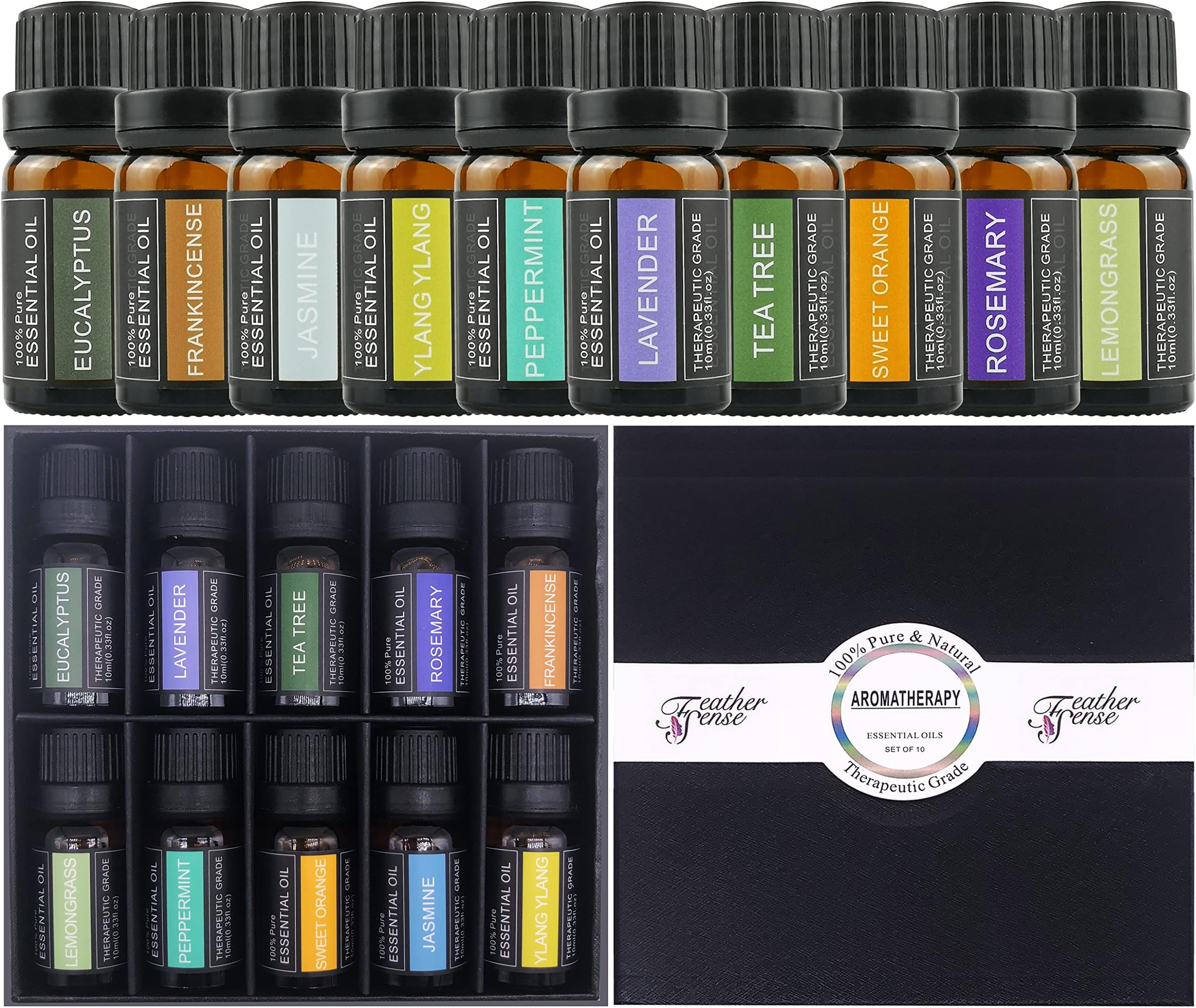 FEATHER SENSE Essential Oils 100% Pure 10 Scents Oil-Based Therapeutic Grade Oils kit- Top Aromatherapy Oils Gift Set-10 Pack, 10ML, Valentine Gift for Women Her Girls (10 Scents)