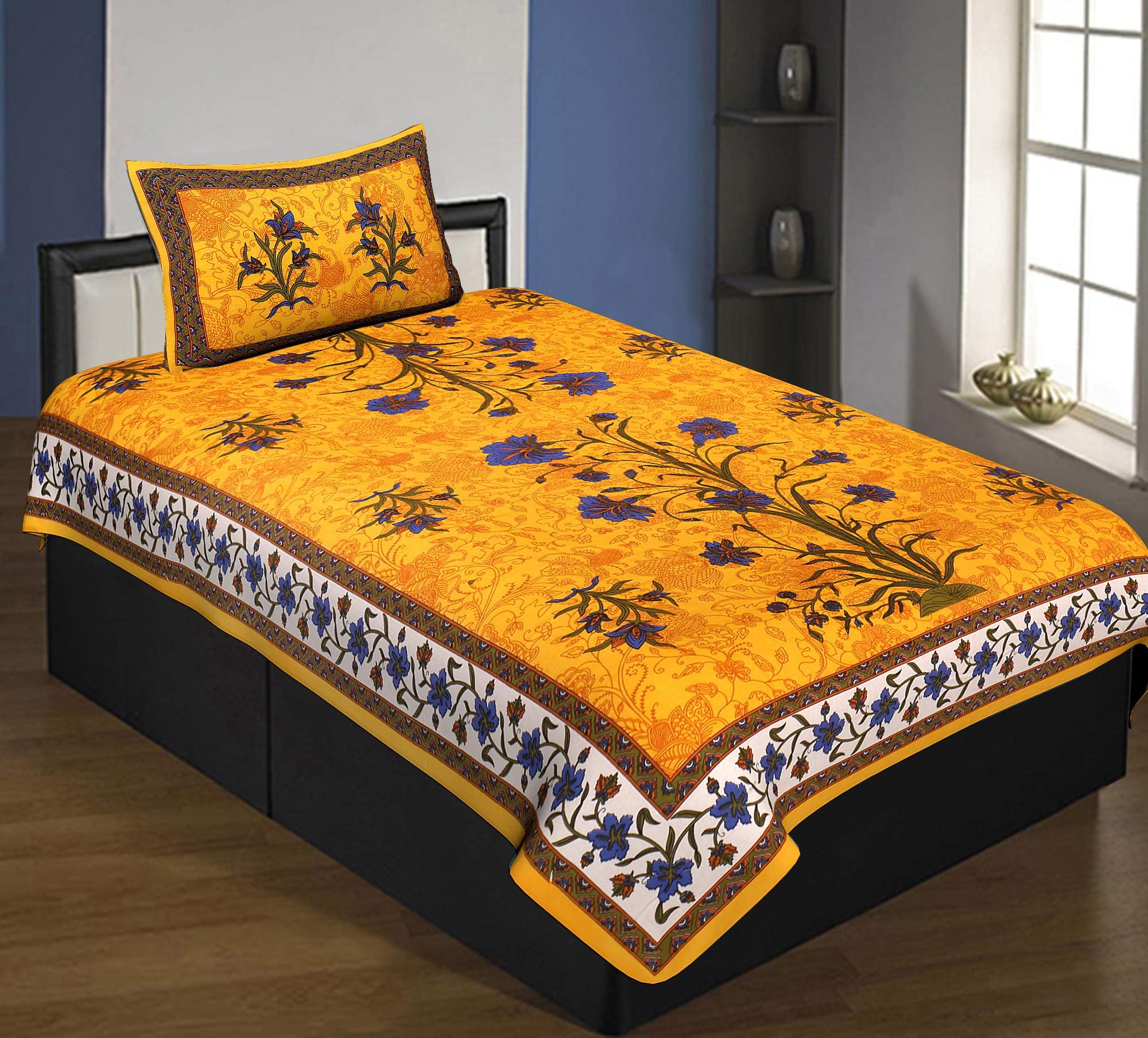 RajasthaniKartยฎ Comfort Rajasthani Jaipuri Traditional Sanganeri Print 144 TC 100% Cotton Single Bedsheet with 1 Pillow Covers - Blue