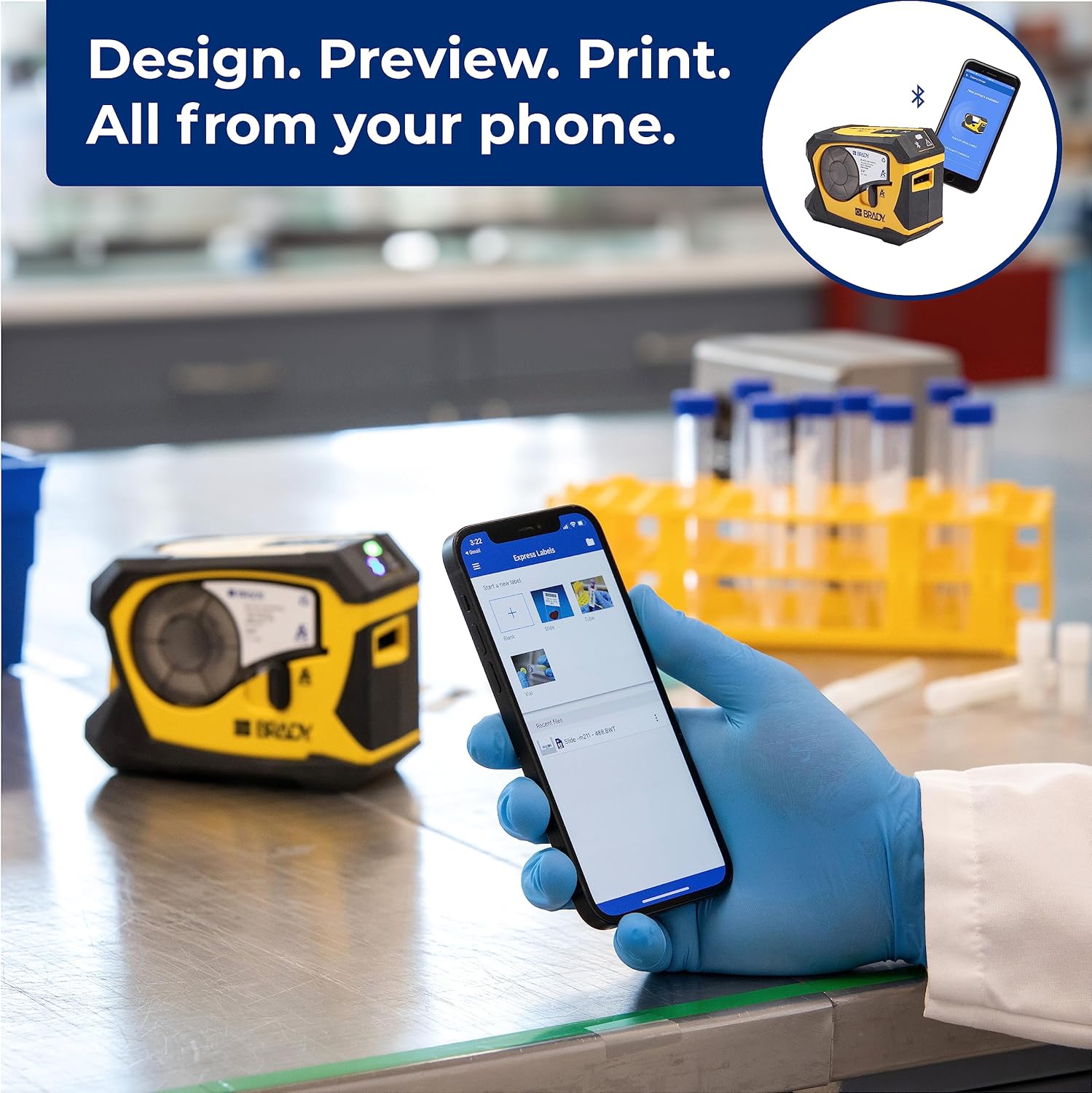 Brady M211 printer and smartphone with Express Labels app