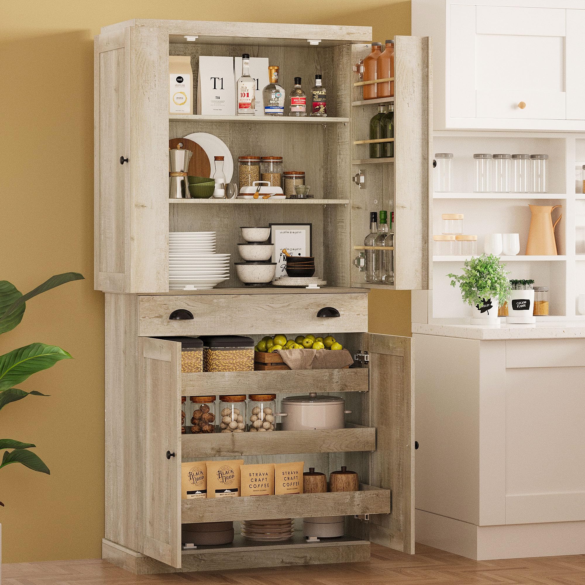 IRONCK Kitchen Pantry Cabinet 72" Height, Freestanding Cupboard with Drawer, Sliding Storage Rack, and 6 Hanging Shelves for Dining Room, Laundry,