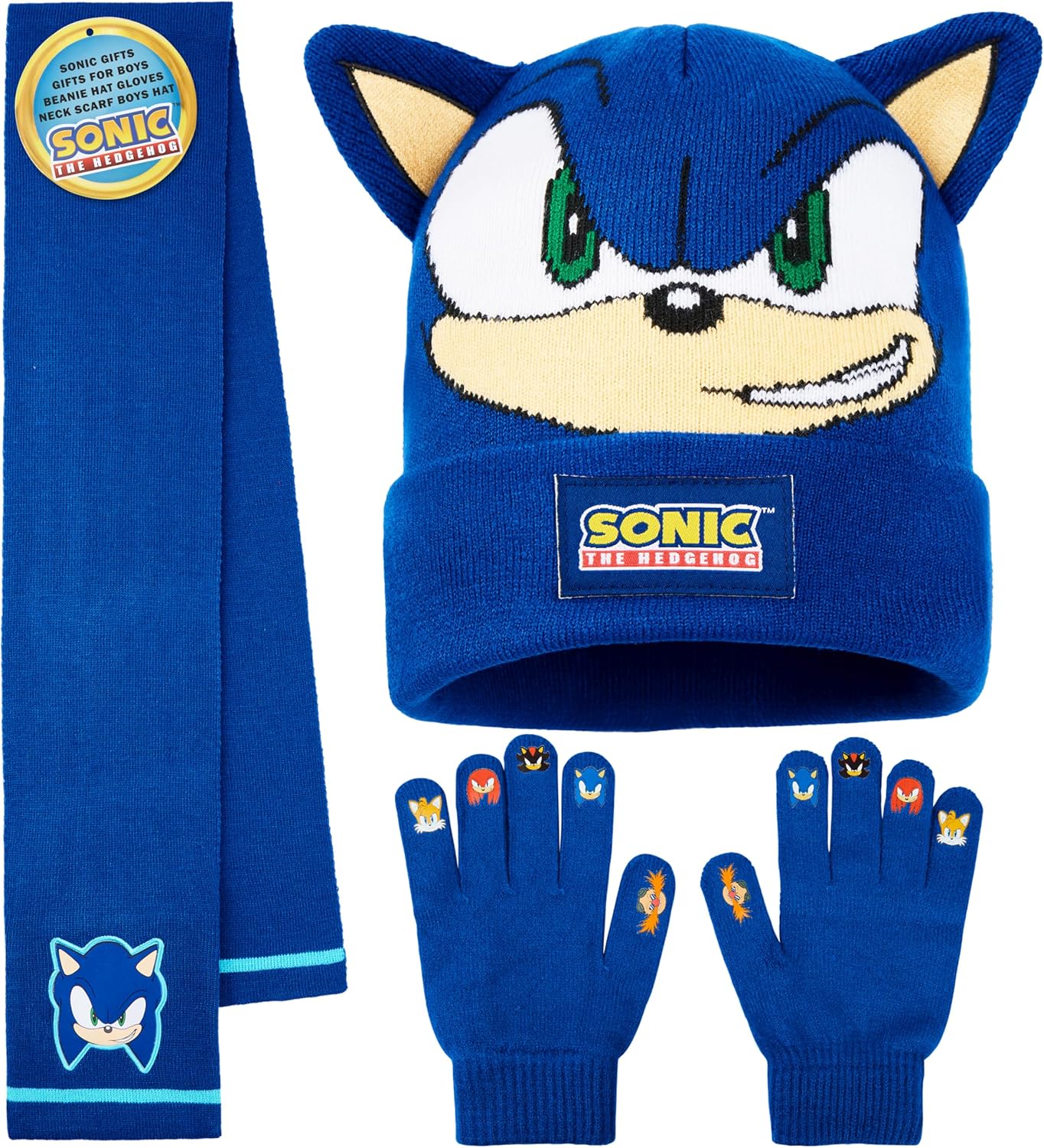 Sonic The Hedgehog 3 Pcs Winter Accessories with Gloves, Beanie Hat, Scarf Set for Boys, Winter Gear, Gamer Gifts for Boys