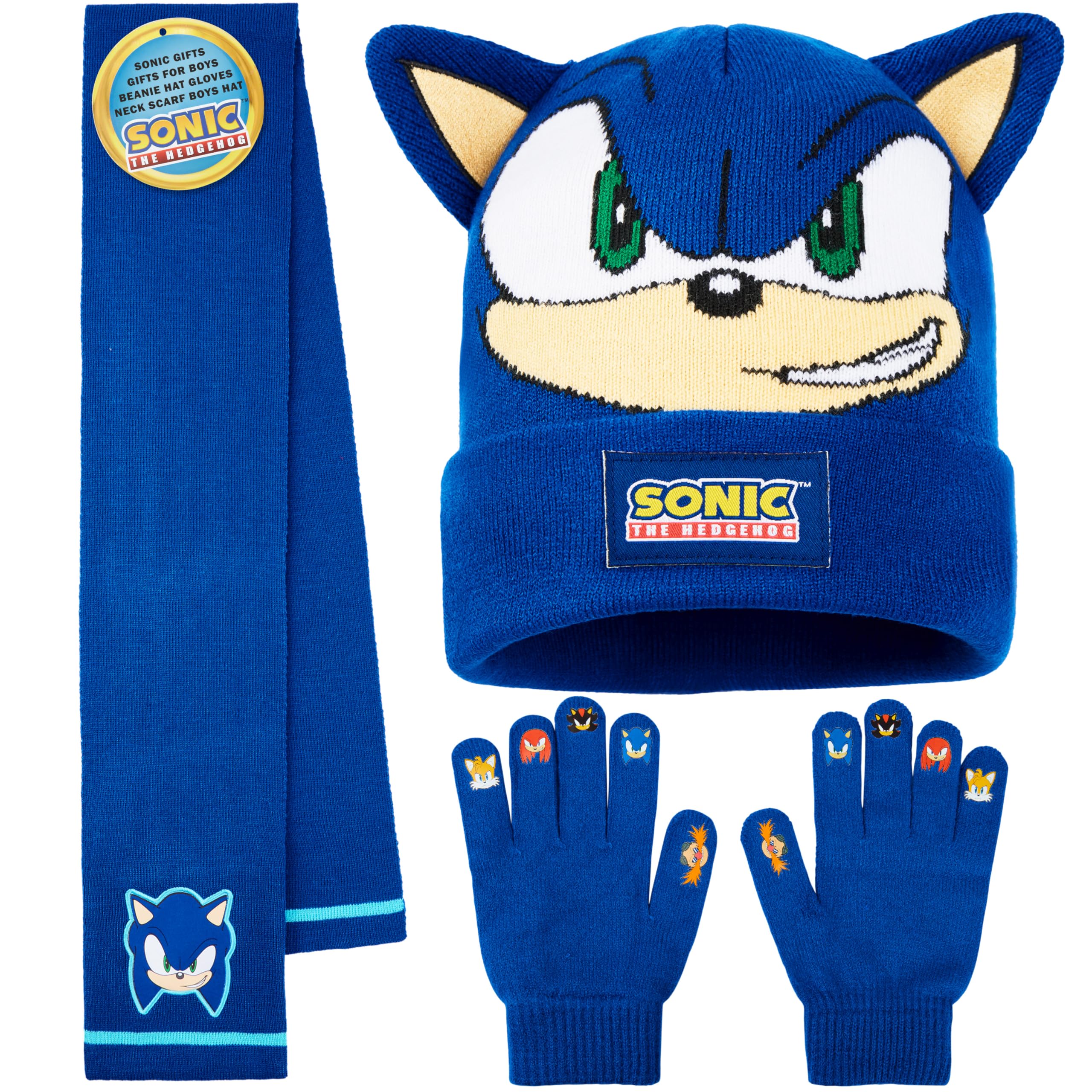 Get Trend SONIC THE HEDGEHOG Conjunto Bufanda Gorro y Guantes Niño, Accesorios de Invierno Cálido para Fans, Regalo para Gamers