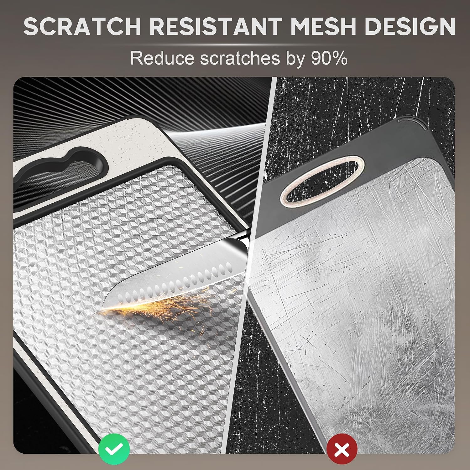 Double Sided 304 Stainless Steel & Wheat Straw Cutting Board, 14.4"*9.8" Non Toxic Lightweight Chopping Board, Separately Handle Meat and Vegetables, Dishwasher Safe, Scratch Resistant Mesh Design image 4