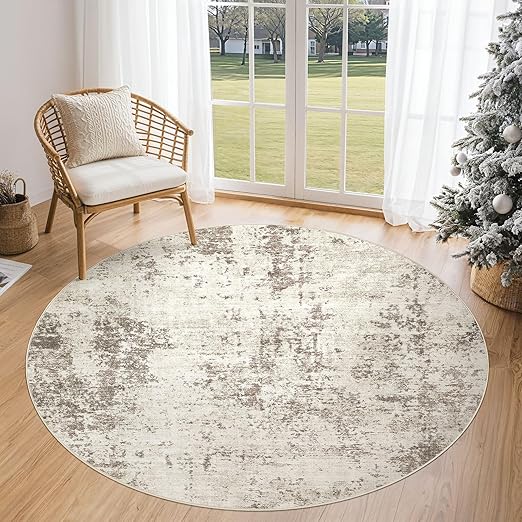 5ft Round Area Rug Living Room Rugs - 5x5 Washable Neutral Modern Abstract Soft Thin Rug Indoor Floor No Slip Rug Carpet for Bedroom Under Dining Table Home Office Decor - Dark Brown